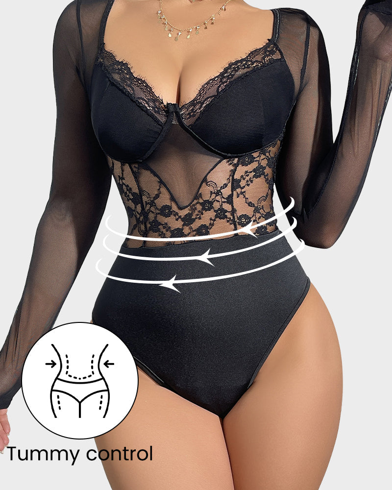 Elegant Sheer Lace Sculpting Bodysuit