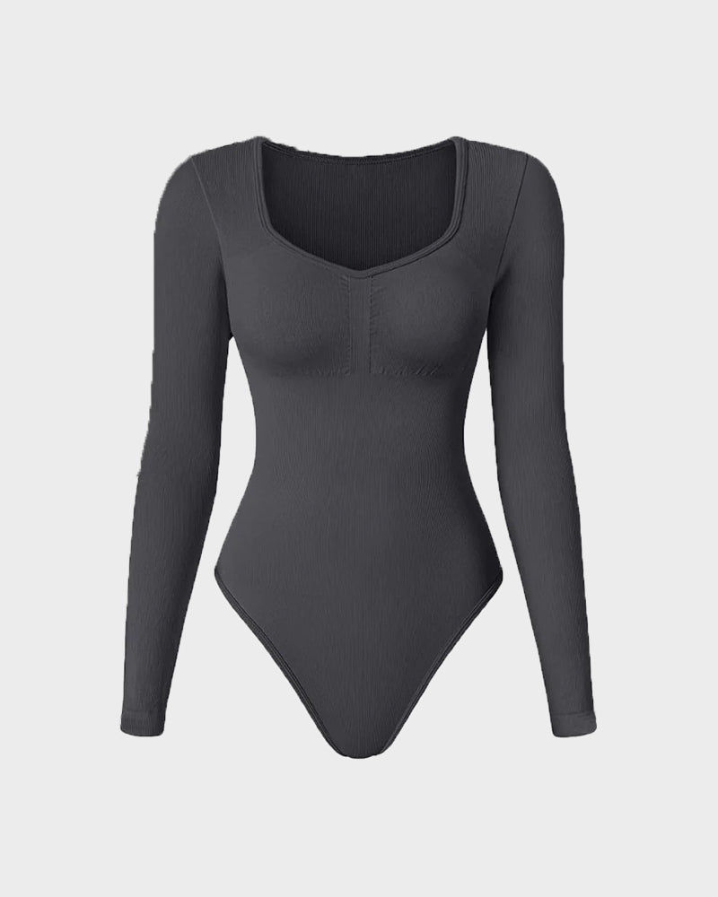 Nahtloser Langarm V-Ausschnitt Bodysuit