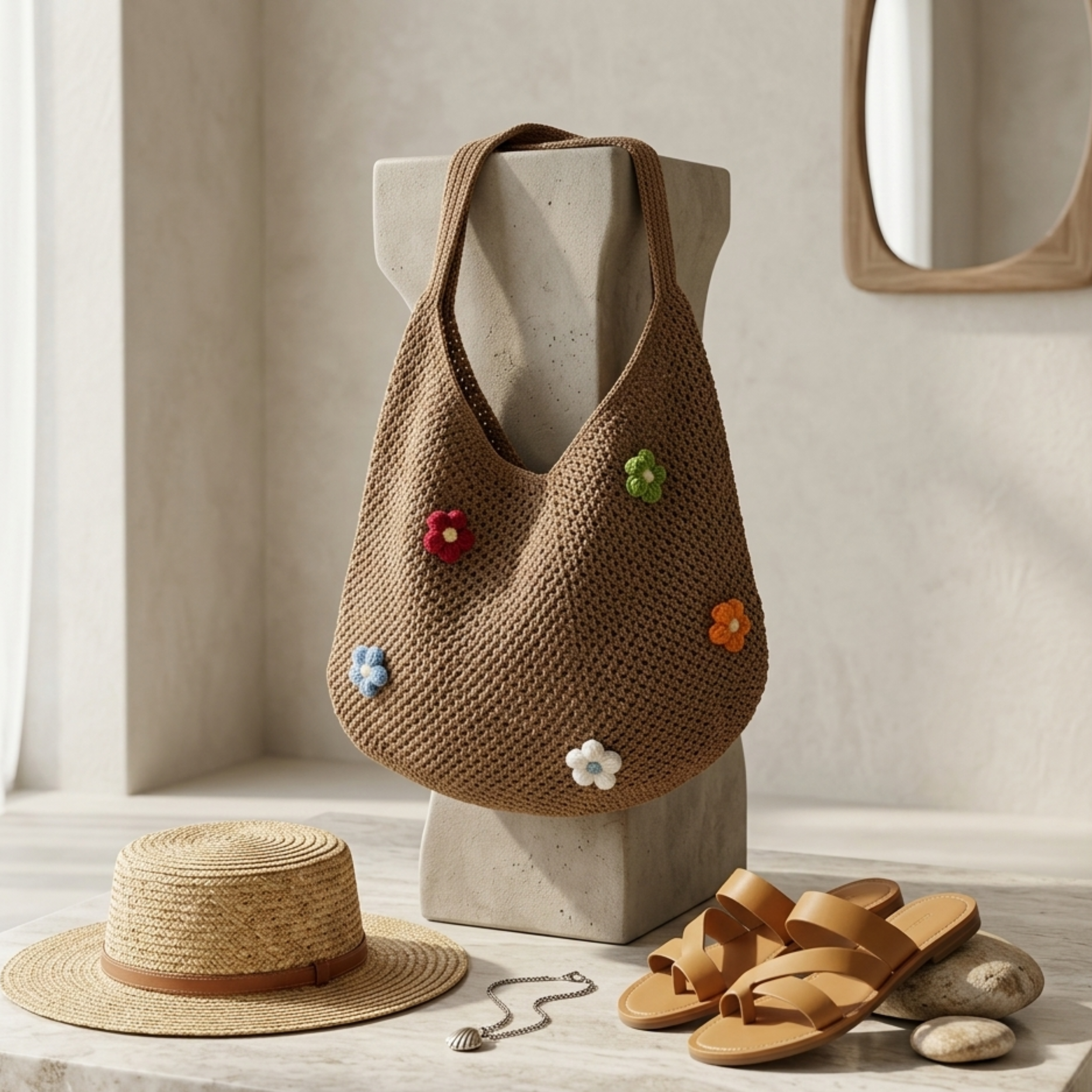 Mini Blossom Hollow-Out Knitted Tote Bag – Sustainable Bag