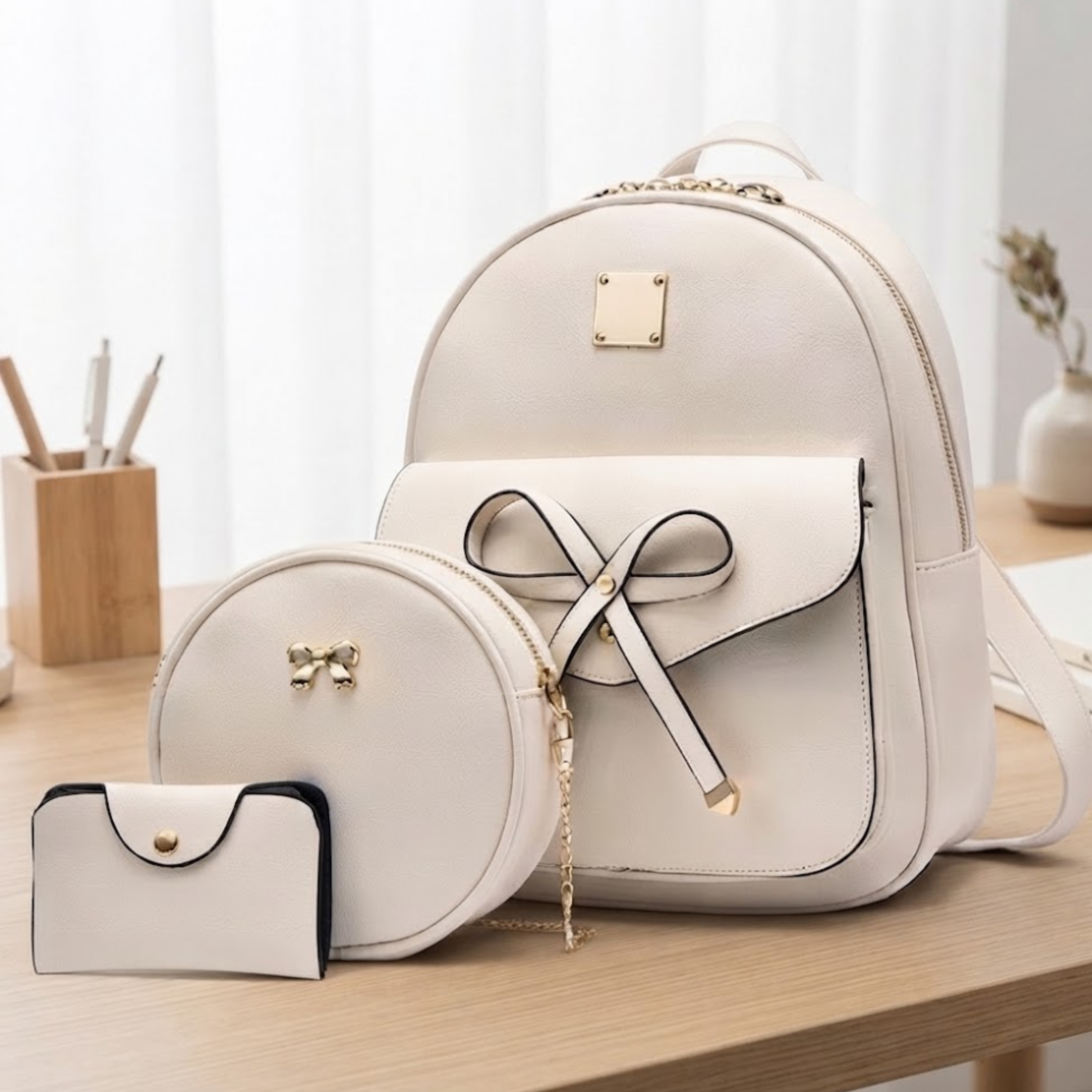Jalene Chic 3-teiliges Rucksack- und Handtaschen-Set mit Schleife