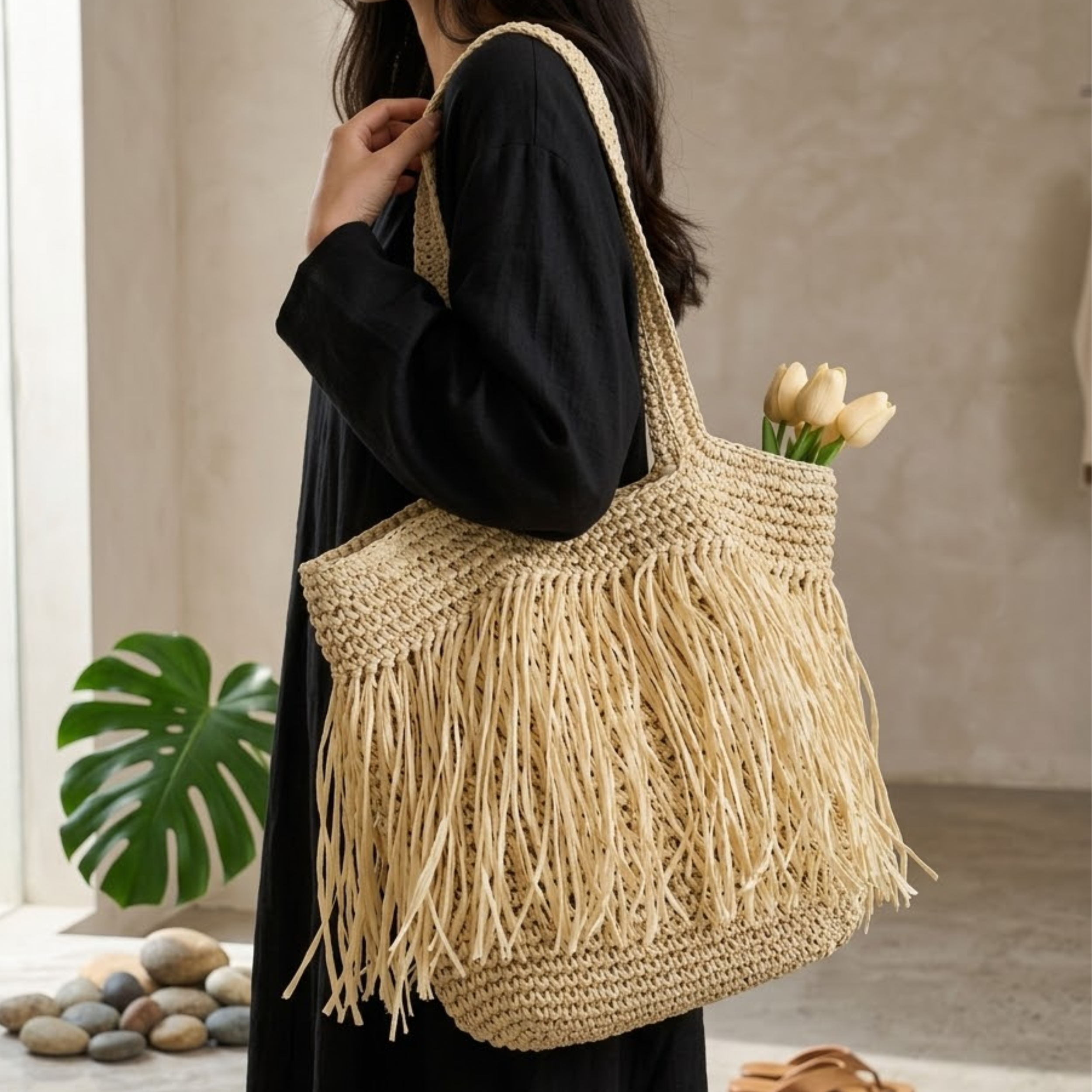 Handwoven Raffia Straw Shoulder Tote Bag – Sustainable Bag