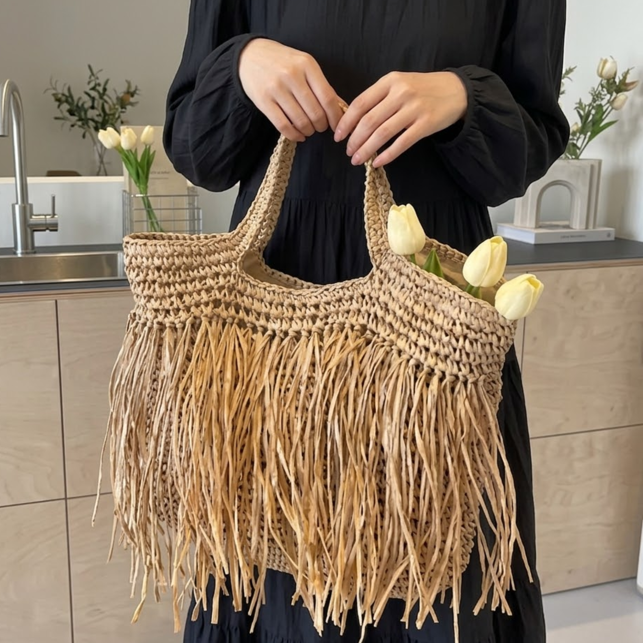 Handwoven Raffia Straw Shoulder Tote Bag – Sustainable Bag