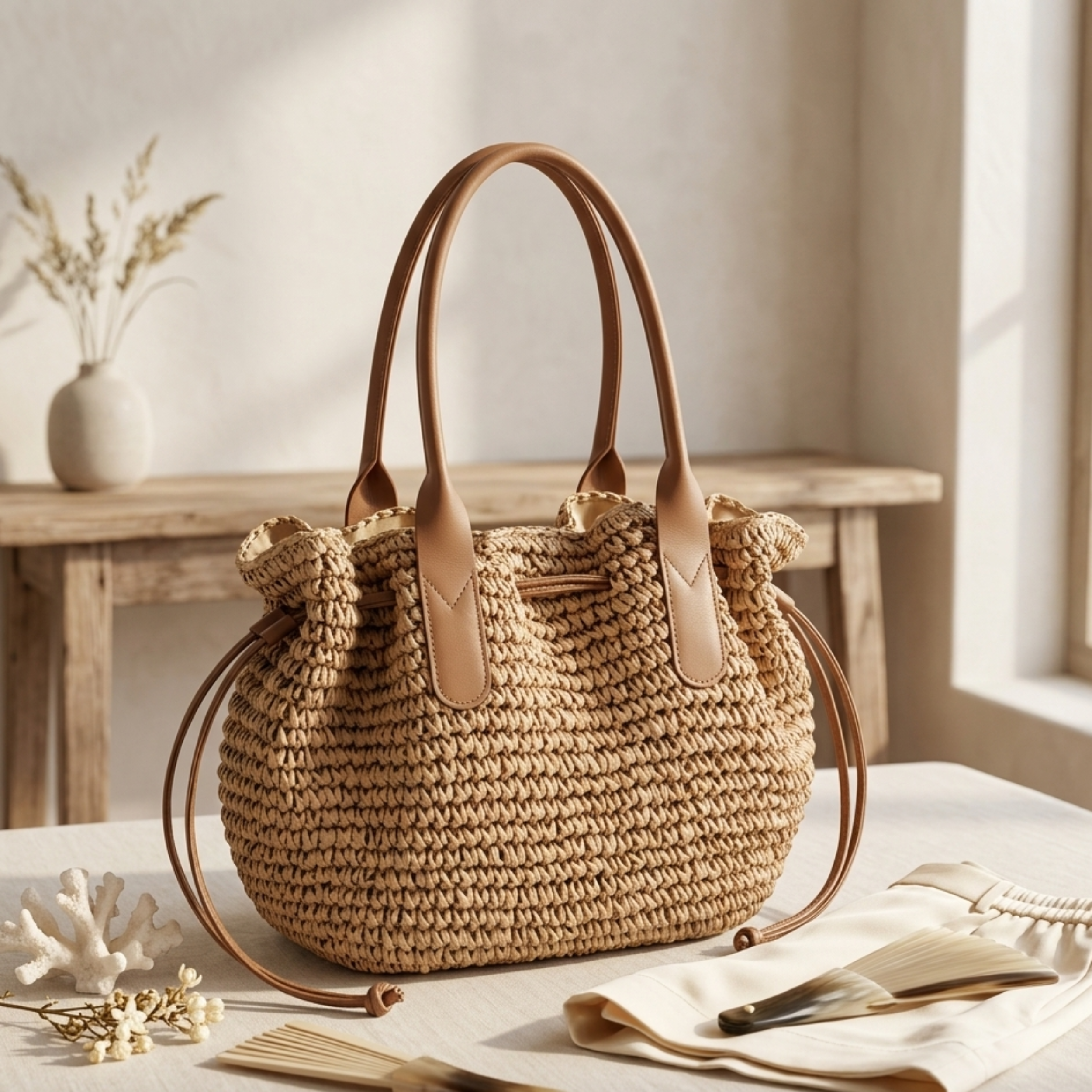 Premium handgewebte Strohtasche mit Kordelzug-Schulterriemen – Nachhaltige Tasche