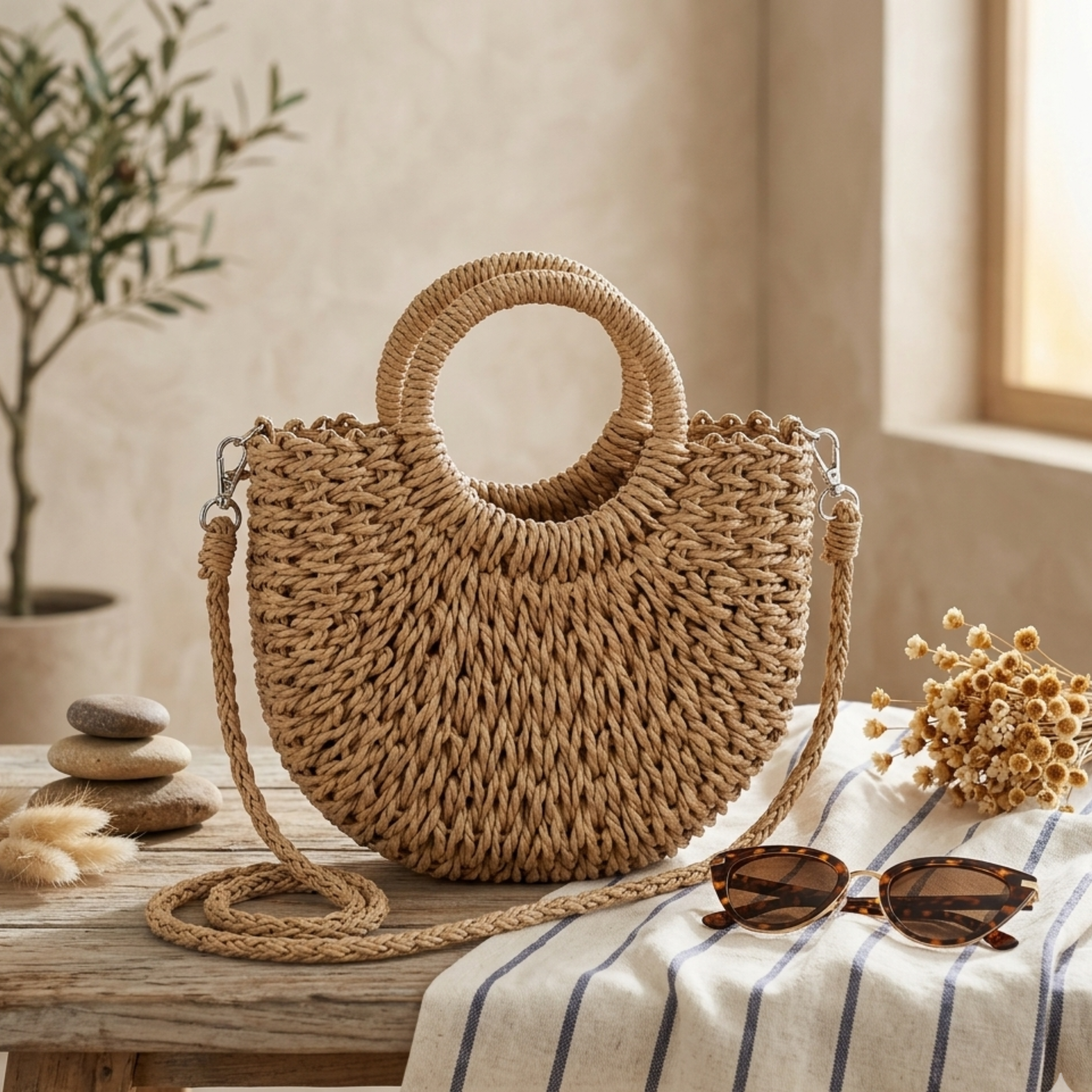 Handgefertigte halbrunde Umhängetasche aus geflochtenem Rattan – nachhaltige Tasche