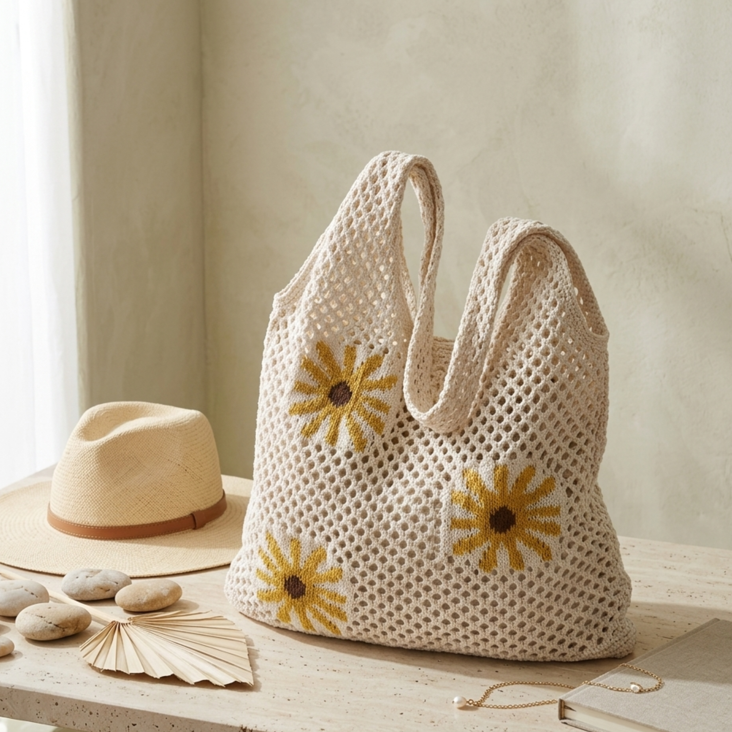 Mini Blossom Hollow-Out Knitted Tote Bag – Sustainable Bag