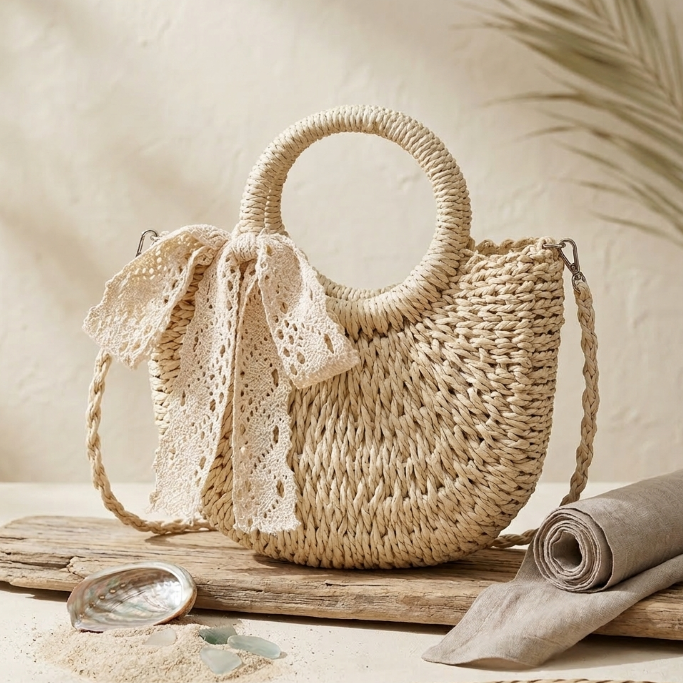 Handgefertigte halbrunde Umhängetasche aus geflochtenem Rattan – nachhaltige Tasche