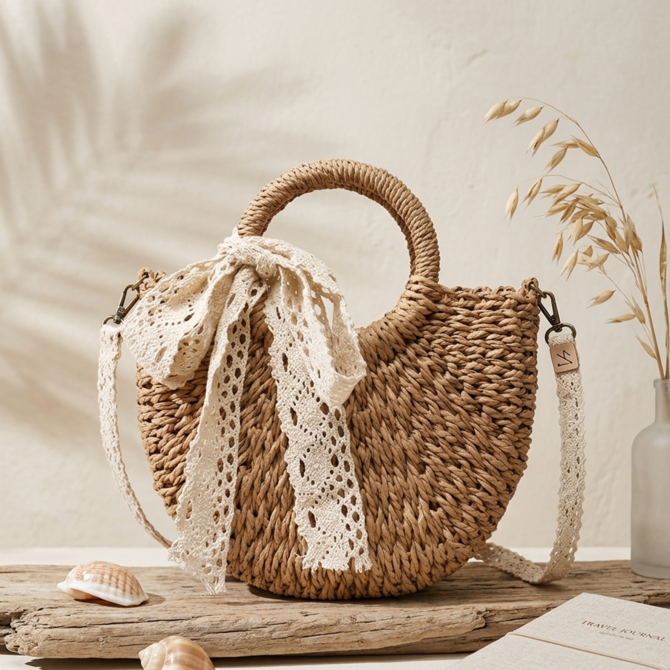 Handgefertigte halbrunde Umhängetasche aus geflochtenem Rattan – nachhaltige Tasche