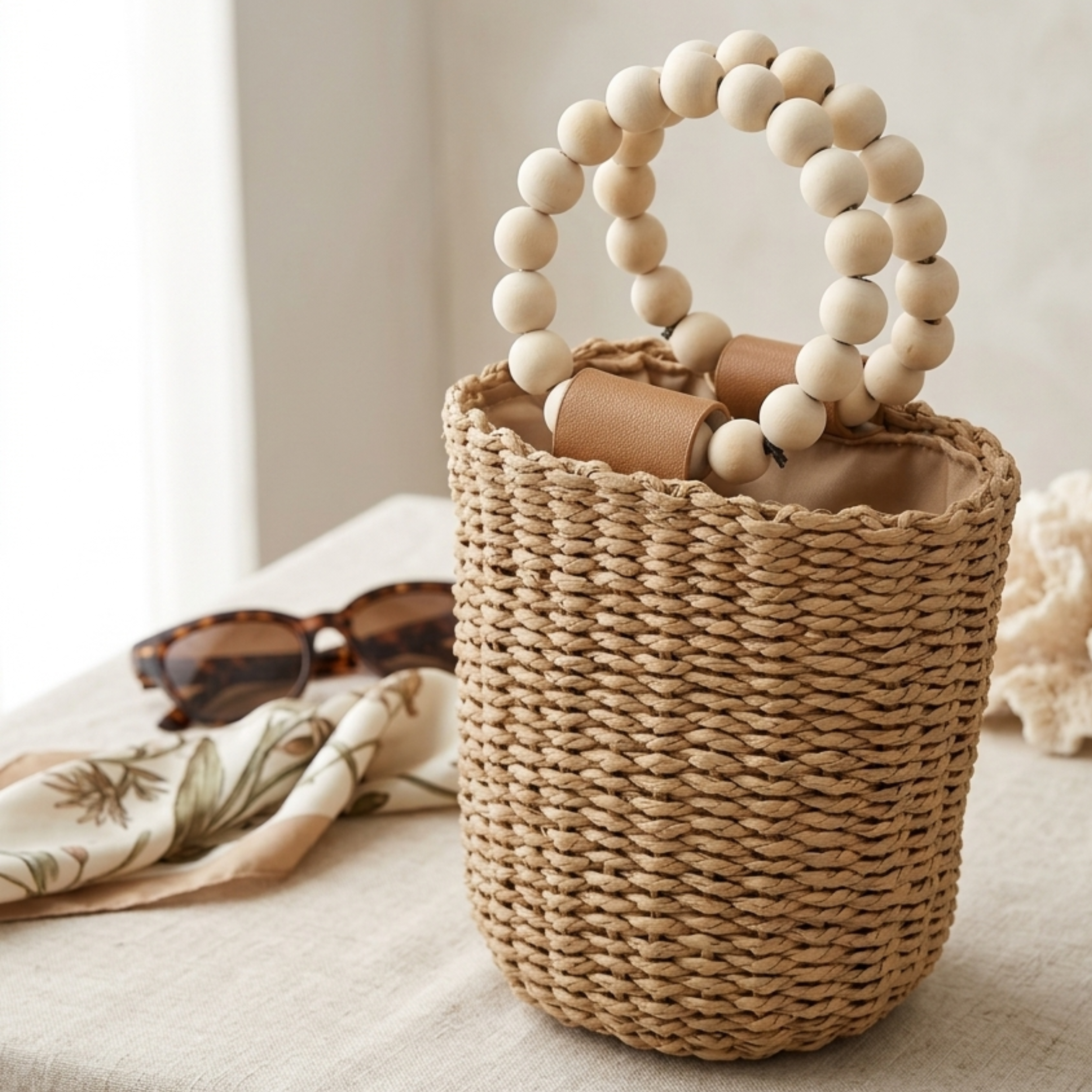 Handgefertigte, von Bali inspirierte Papier-Tragetasche mit Holzperlen – Nachhaltige Tasche