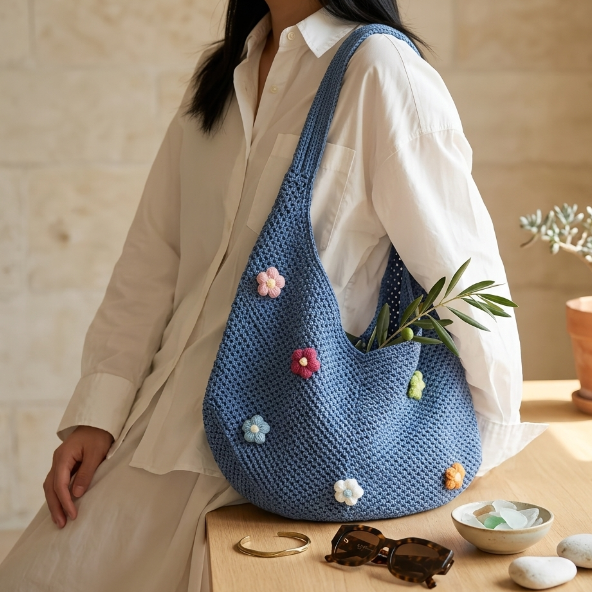 Mini Blossom Hollow-Out Knitted Tote Bag – Sustainable Bag