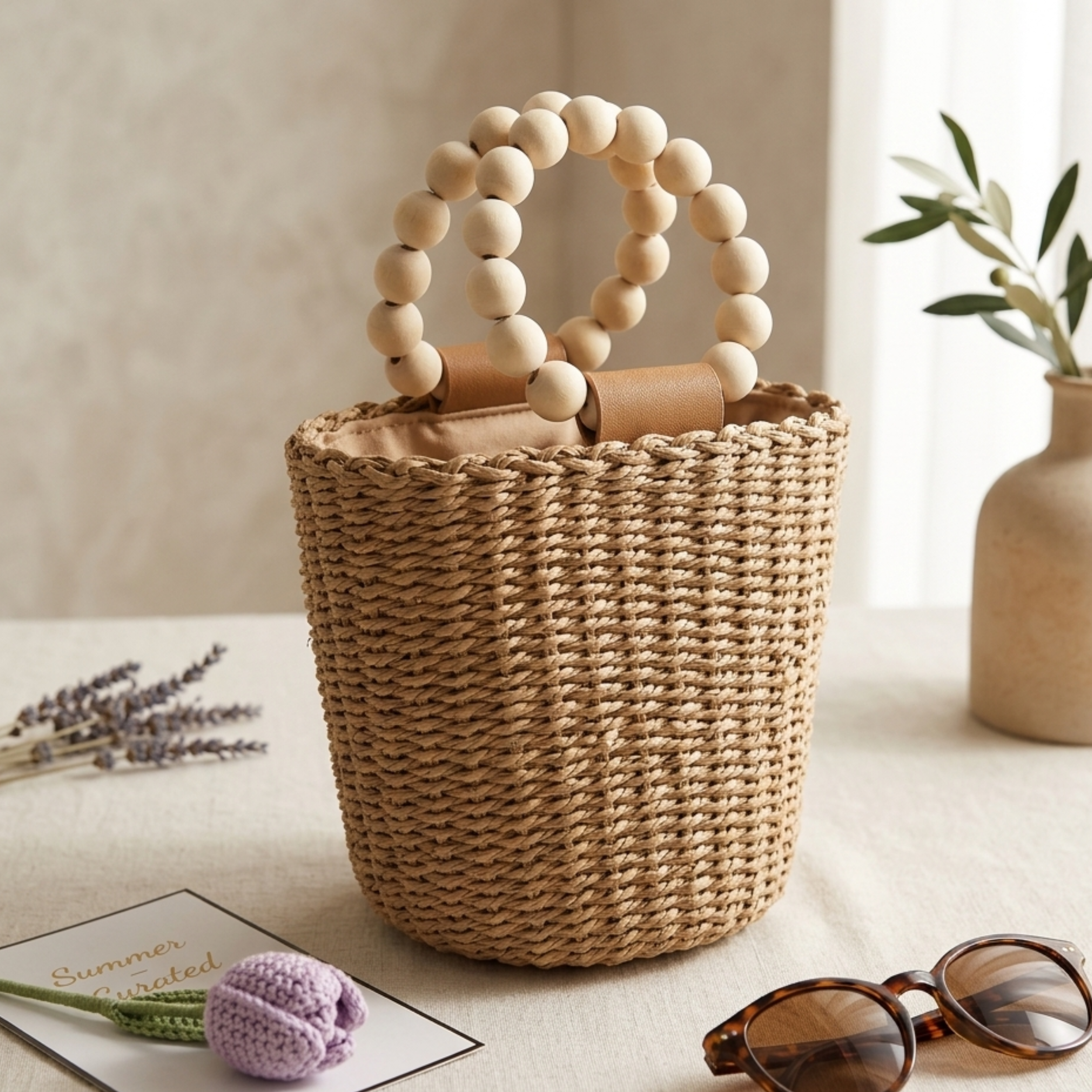 Handgefertigte, von Bali inspirierte Papier-Tragetasche mit Holzperlen – Nachhaltige Tasche