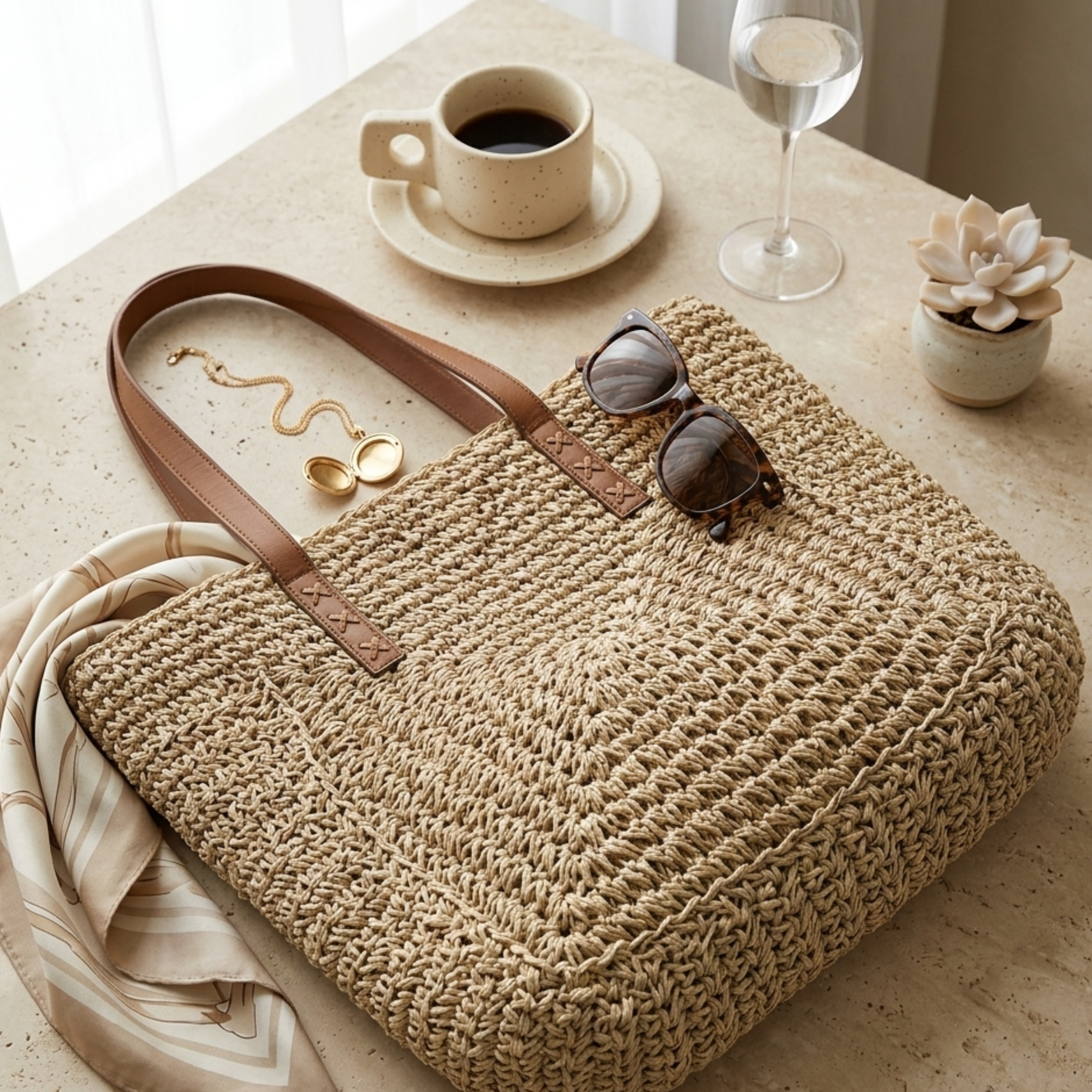 Sommer Chic Handgewebte Raffia Küsten-Strandtasche mit Schulterriemen – Nachhaltige Tasche