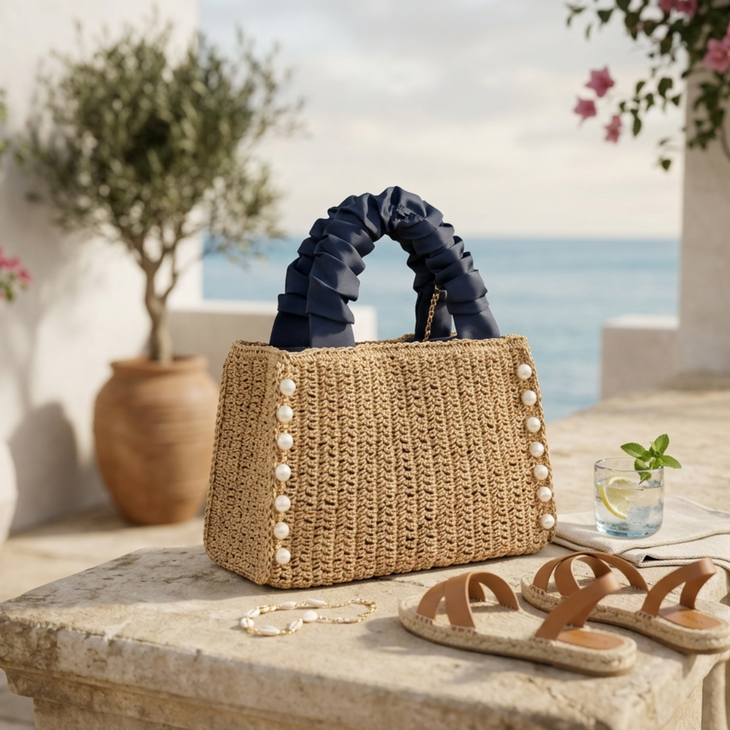 Boho-Tasche mit Perlenbesatz, gerafftem Griff und gewebtem Design – Nachhaltige Tasche