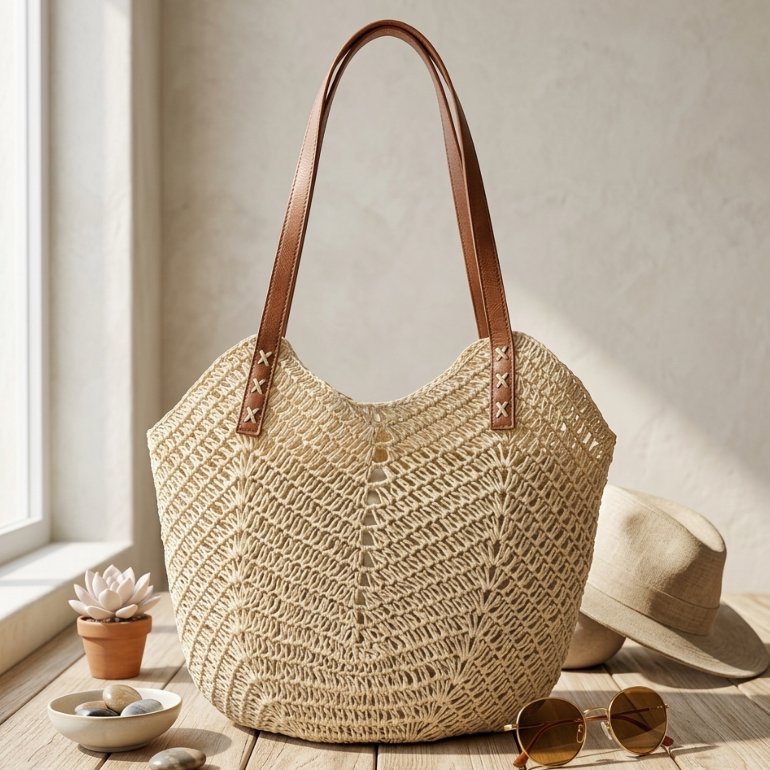 Coastal Classic handgewebte Raffia Coastal Strandtasche mit Schulterriemen – nachhaltige Tasche