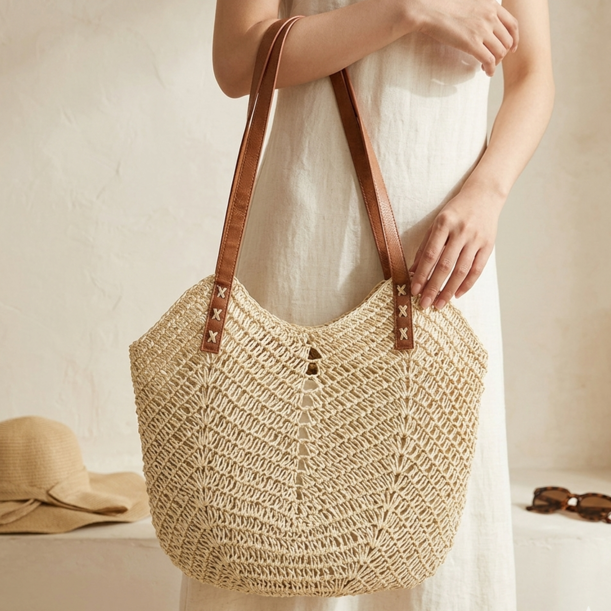 Coastal Classic handgewebte Raffia Coastal Strandtasche mit Schulterriemen – nachhaltige Tasche