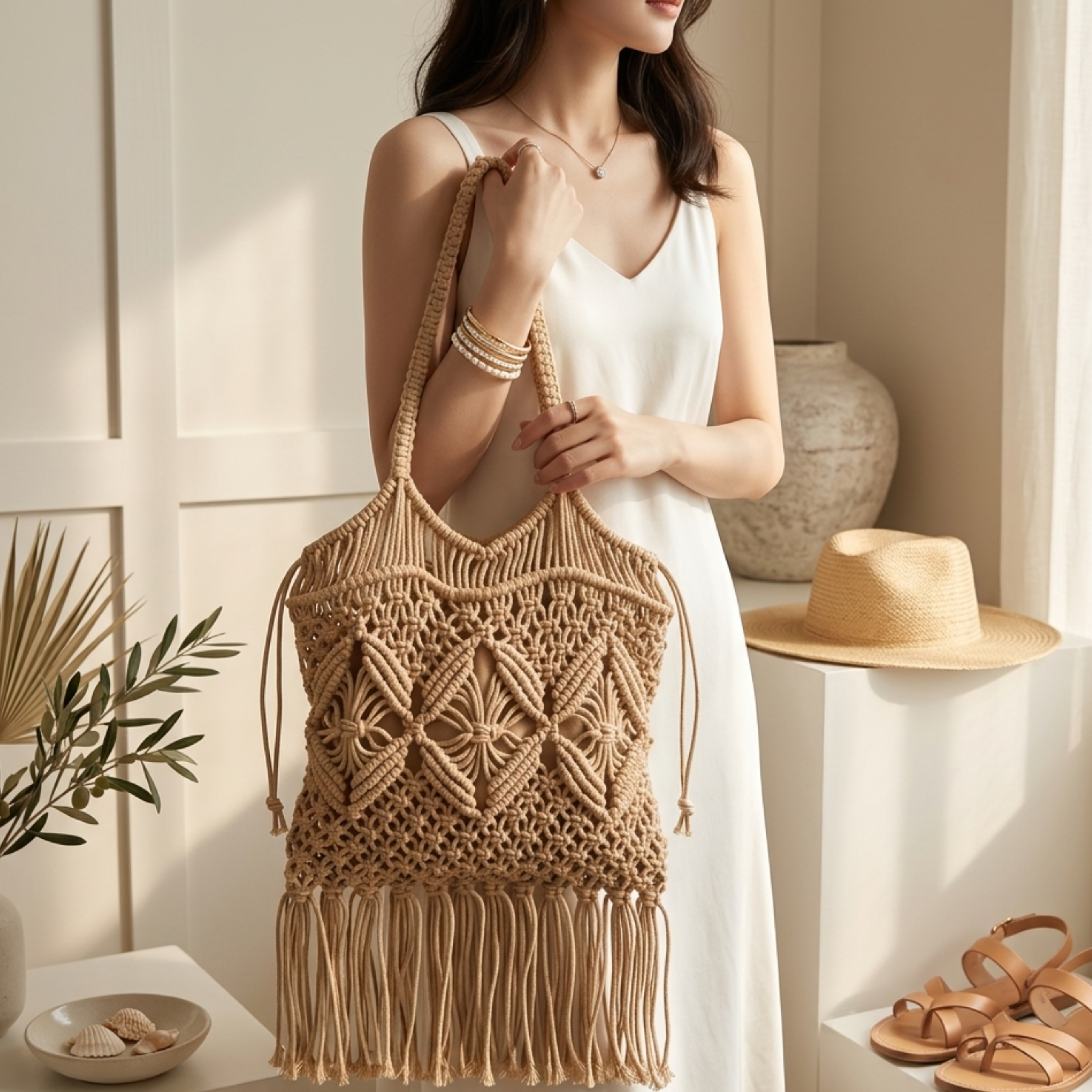 Ethnic Fringe Woven Crossbody Bag with Hollow Design – Sustainable Bag