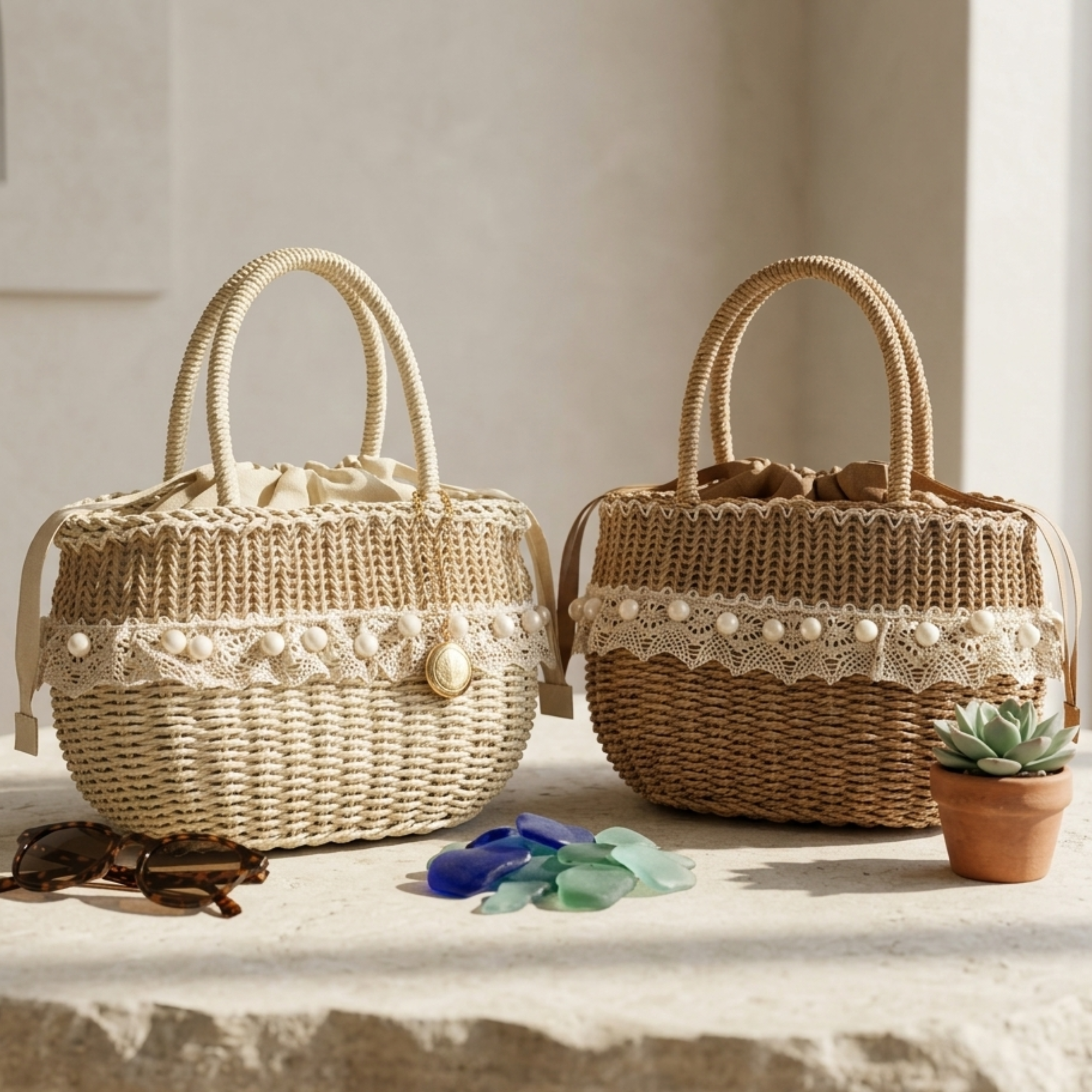 Handgefertigte Strohtasche mit Spitzenverzierung – Nachhaltige Handtasche