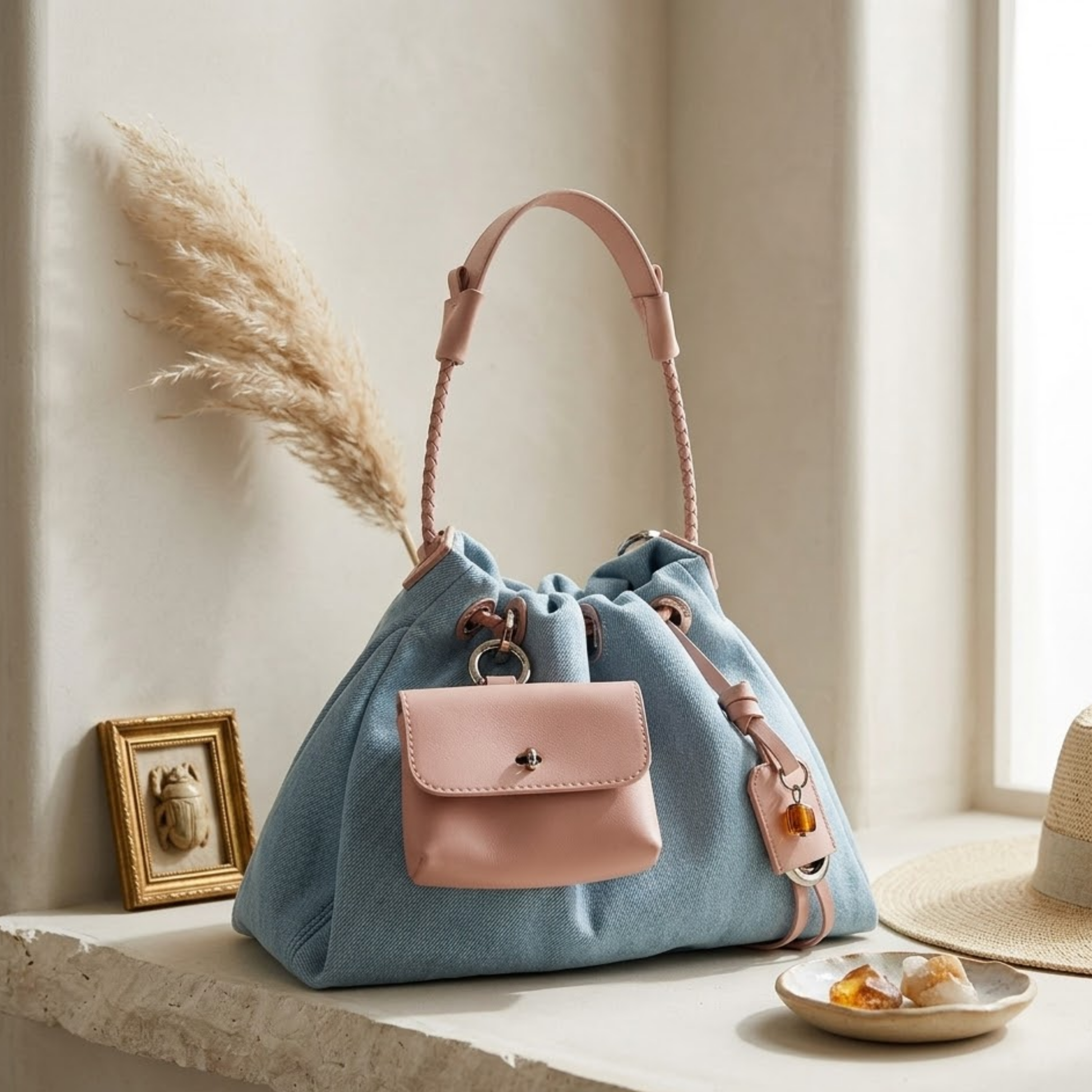 Noirelle Echtleder Denim Patchwork Hobo-Tasche