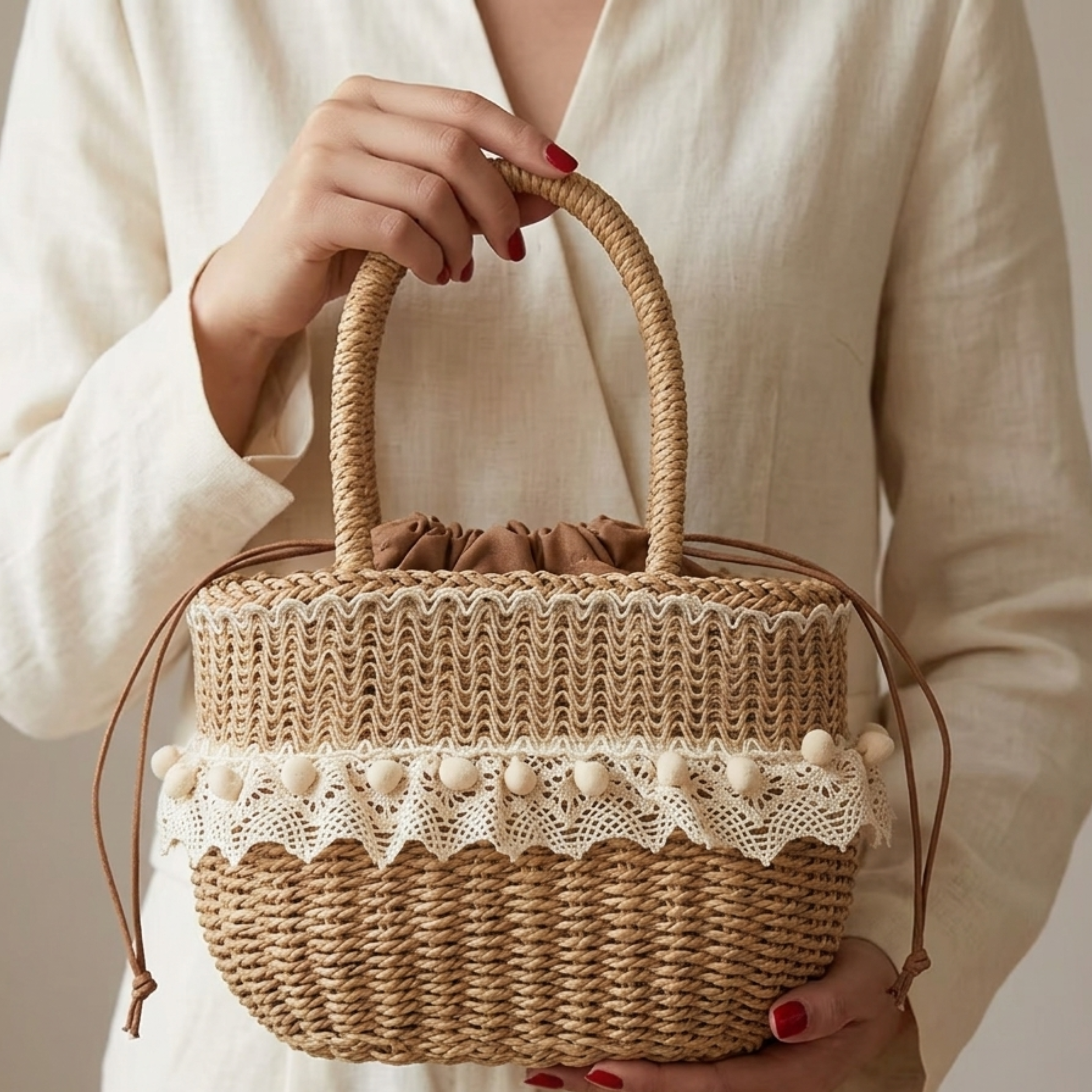 Handgefertigte Strohtasche mit Spitzenverzierung – Nachhaltige Handtasche