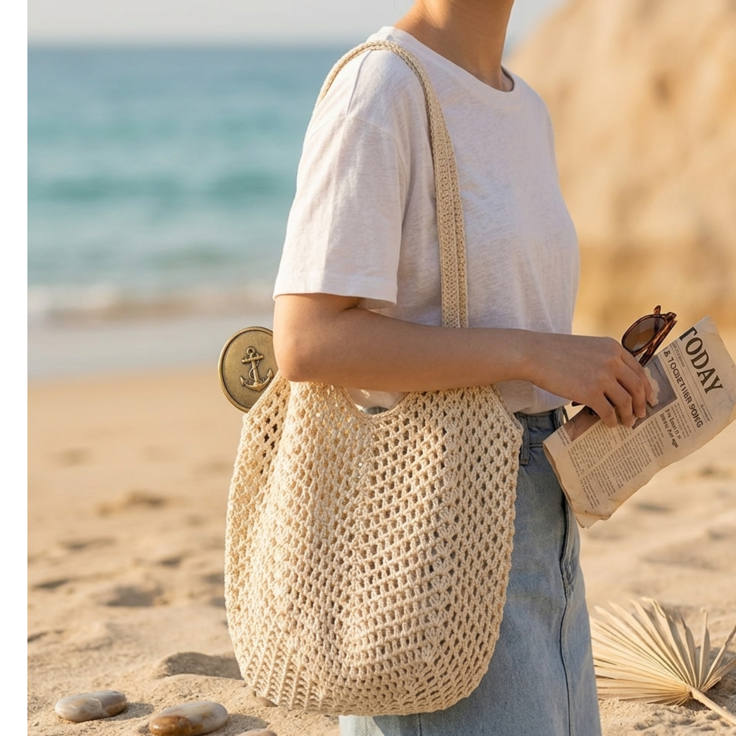Retro handgestrickte, hohl gewebte Schultertasche – nachhaltige Tasche