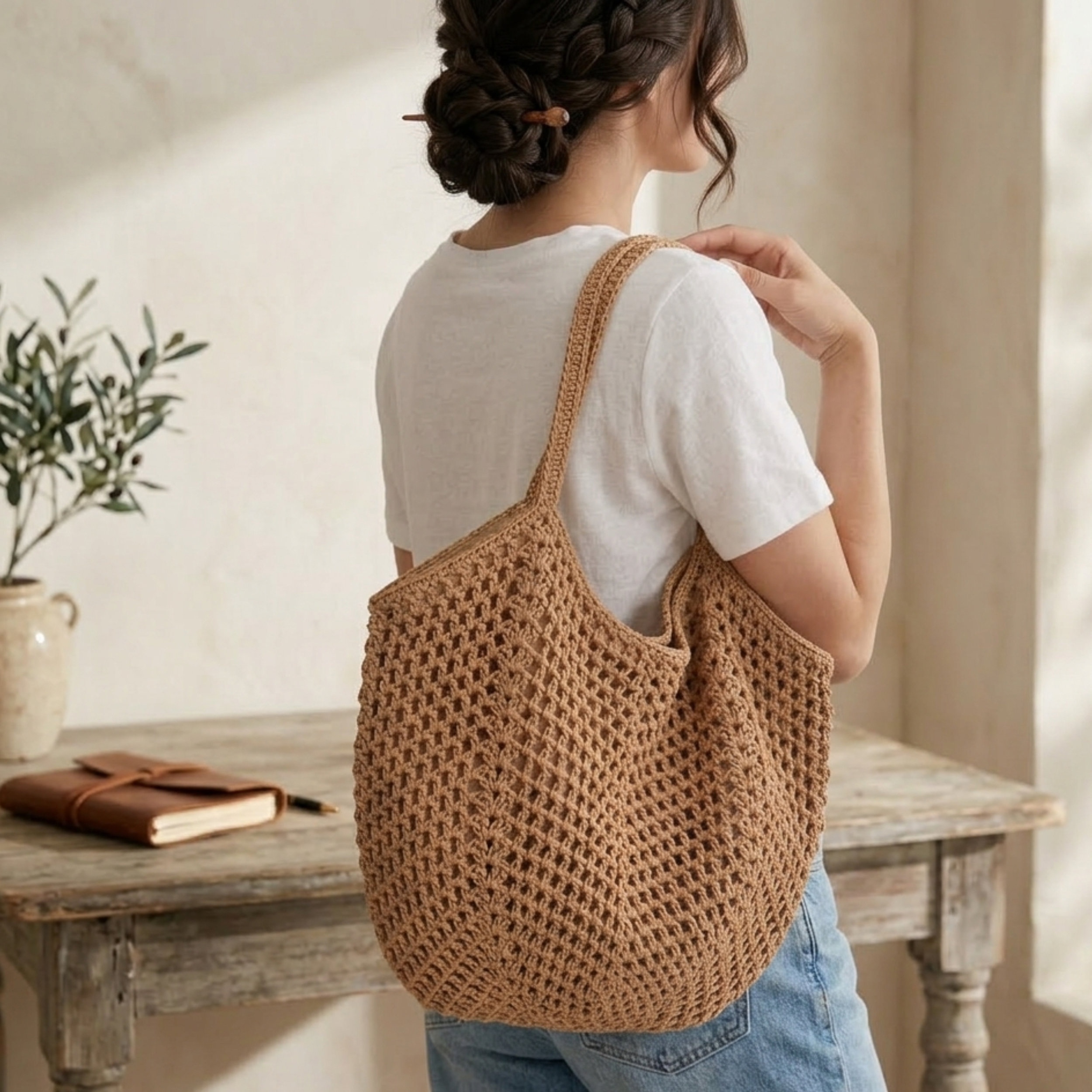 Retro handgestrickte, hohl gewebte Schultertasche – nachhaltige Tasche