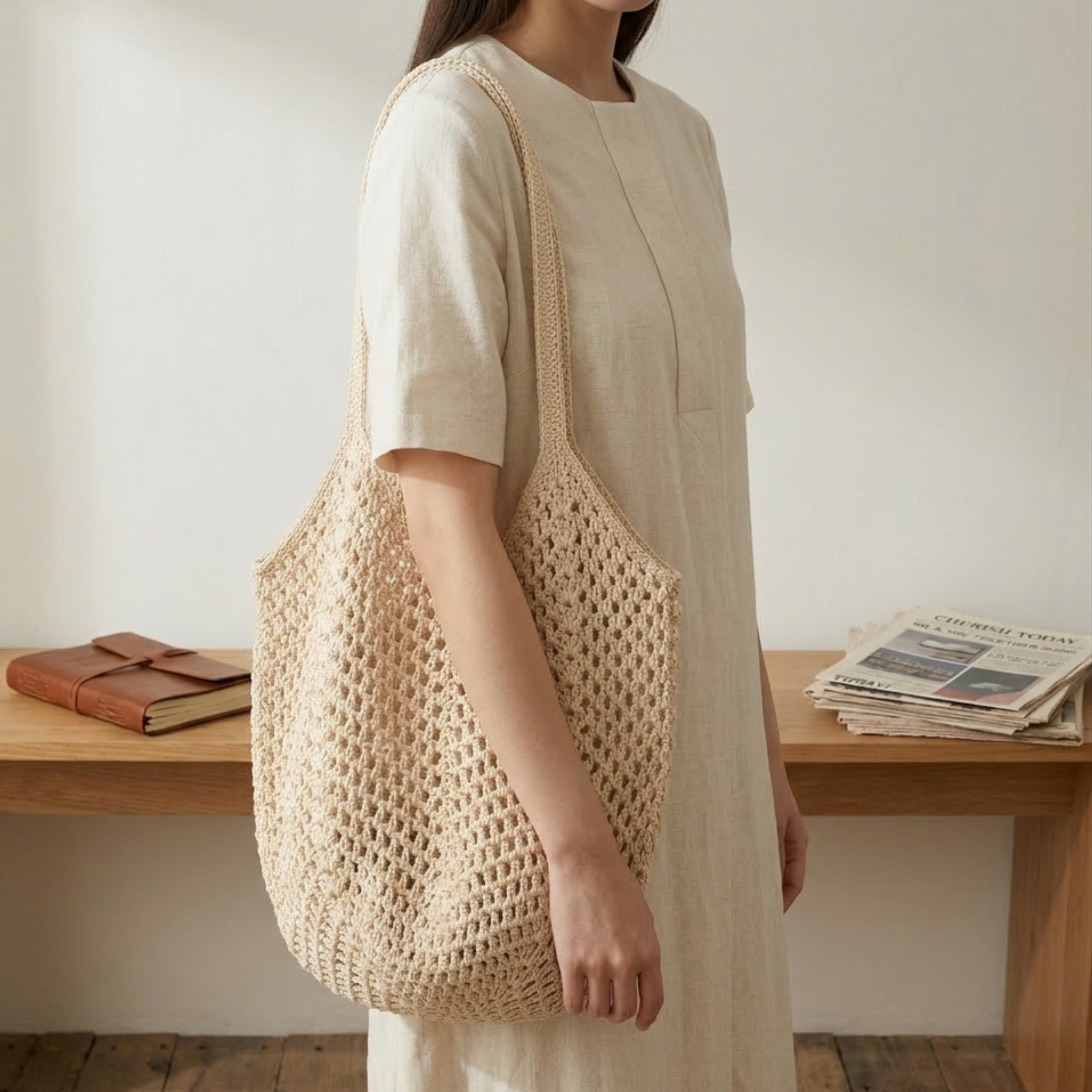 Retro handgestrickte, hohl gewebte Schultertasche – nachhaltige Tasche