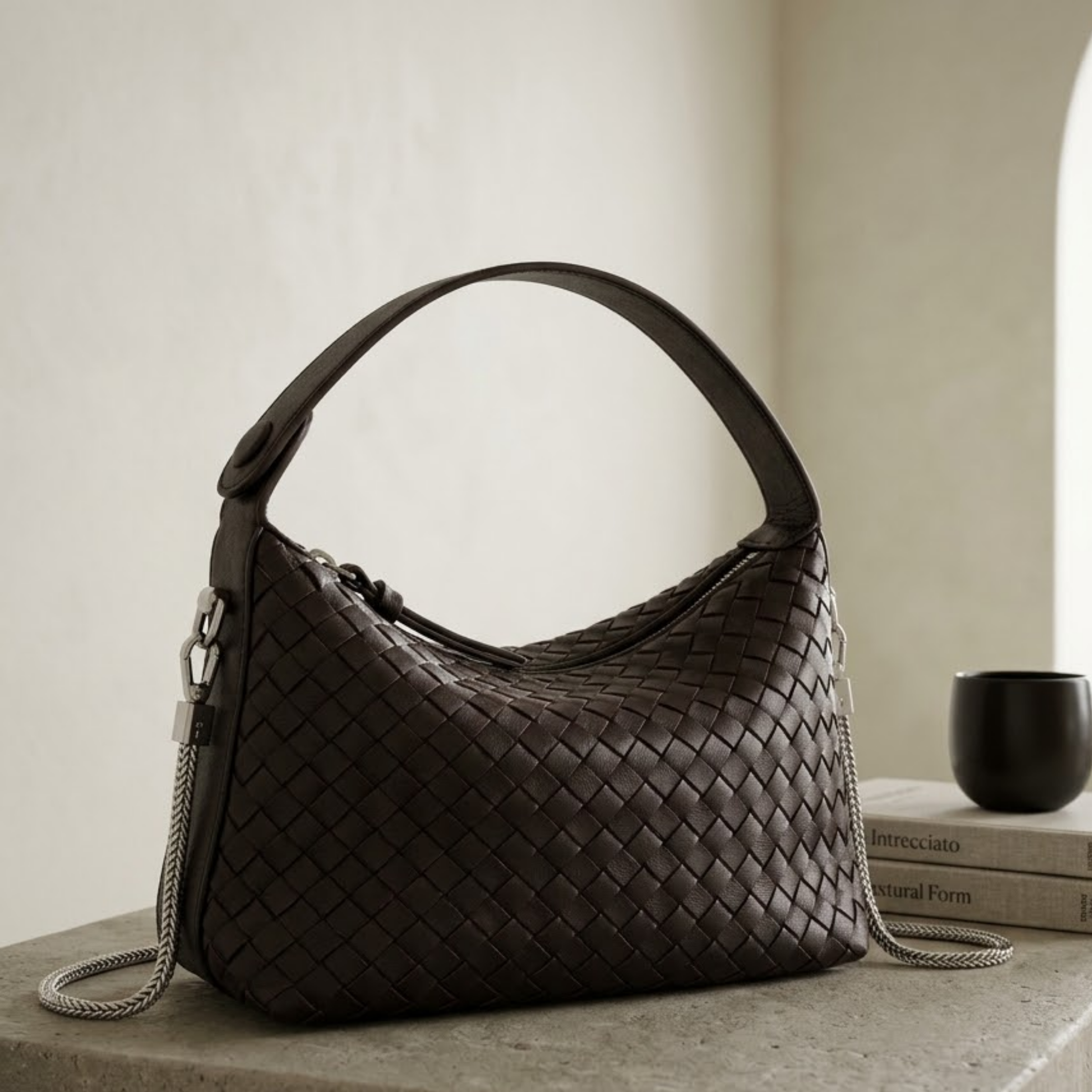 Elaréa Echt Lammfell Leder Geflochtene Clutch mit Kettenriemen