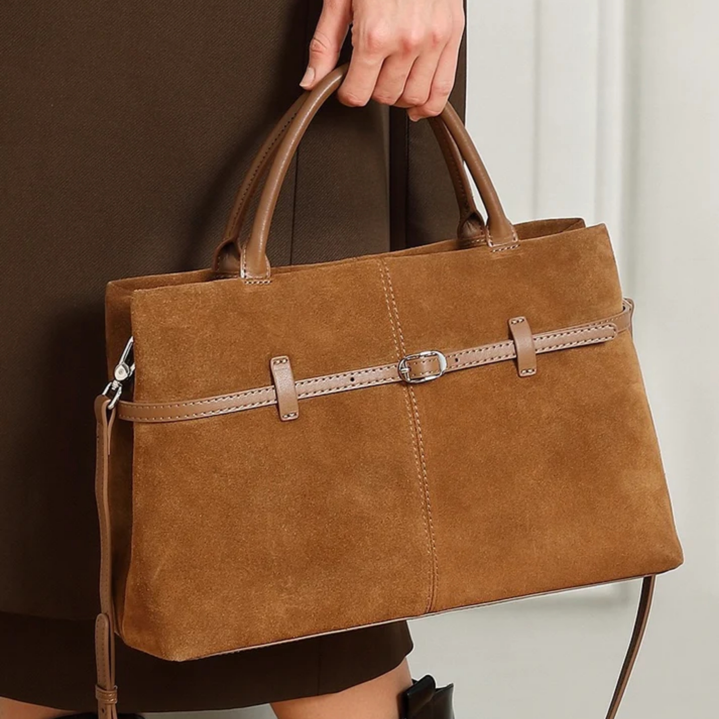 Elyra Suede Structured Genuine Leather Tote Bag