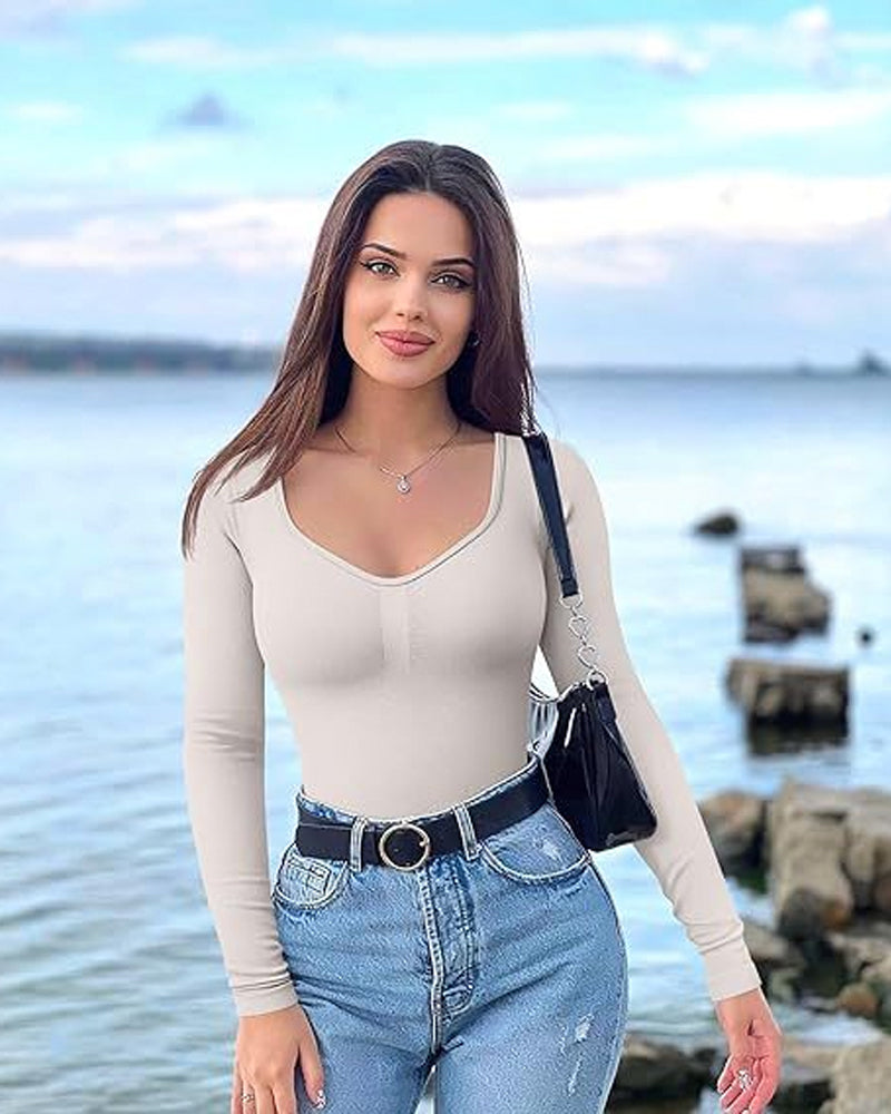 Nahtloser Langarm V-Ausschnitt Bodysuit