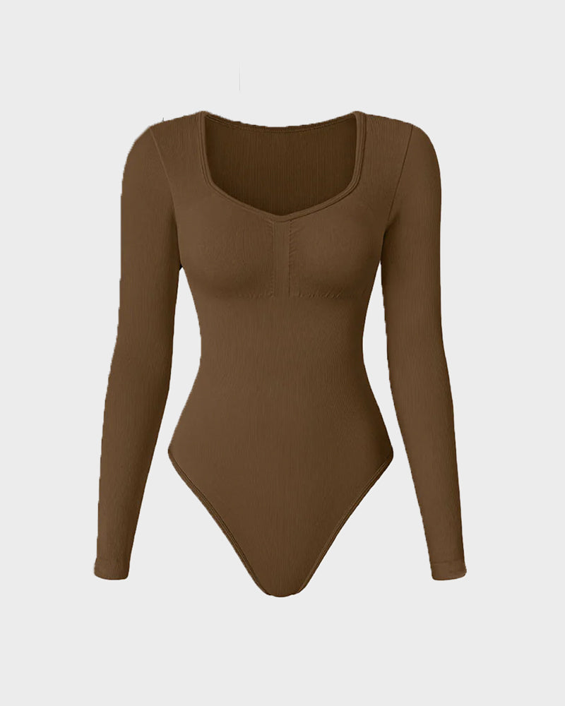 Nahtloser Langarm V-Ausschnitt Bodysuit