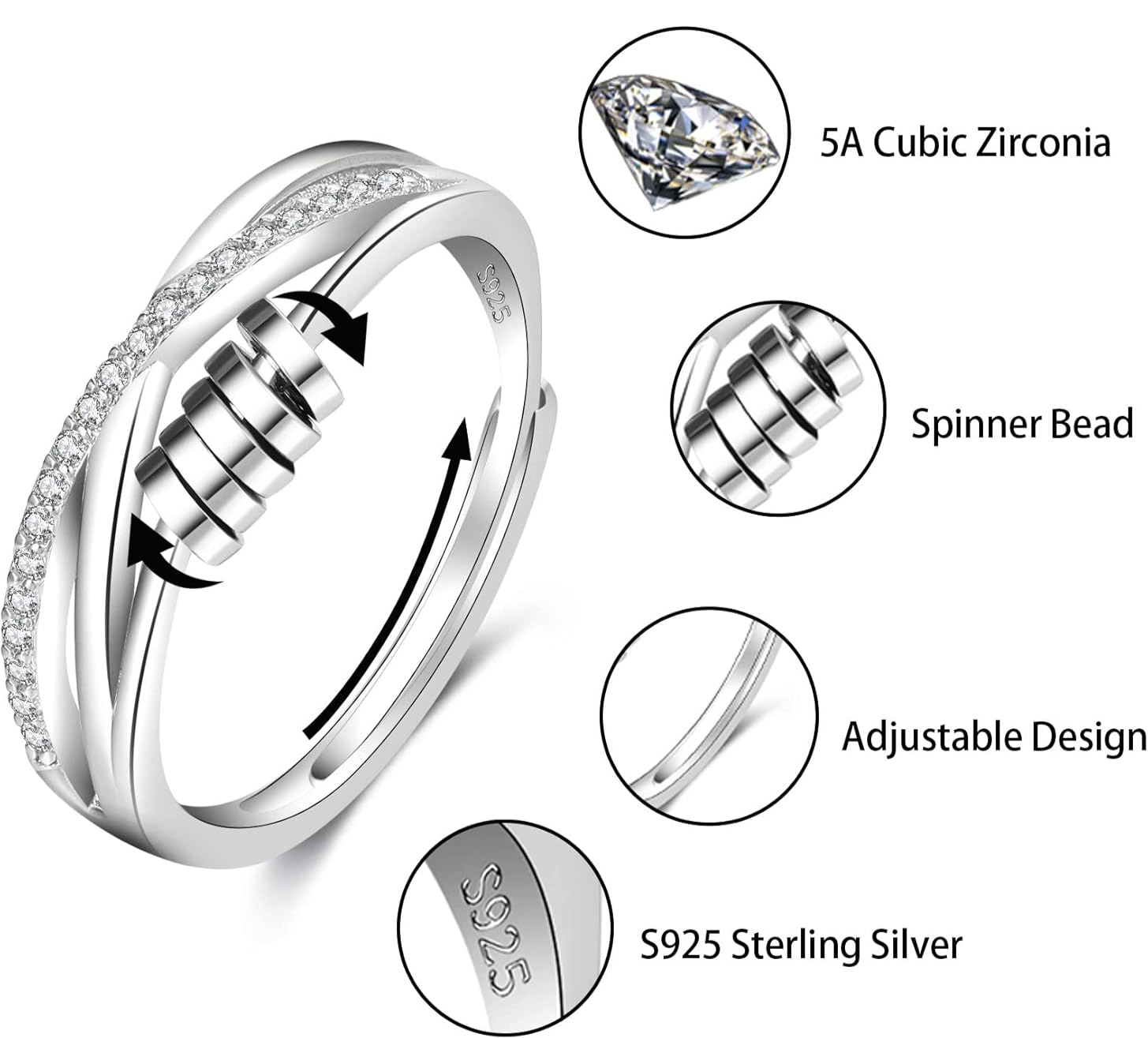 925 Sterling Silber Diamantgeschliffener Fidget Ring / Angst Ring