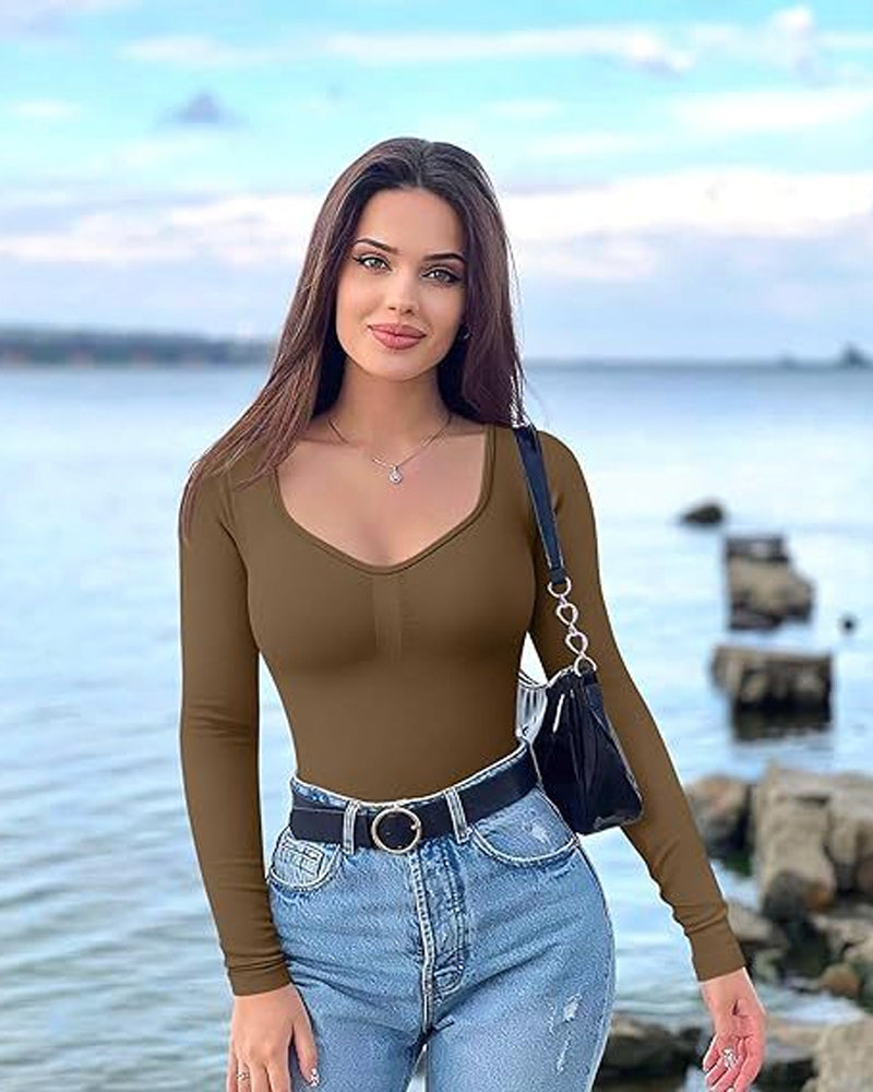 Nahtloser Langarm V-Ausschnitt Bodysuit
