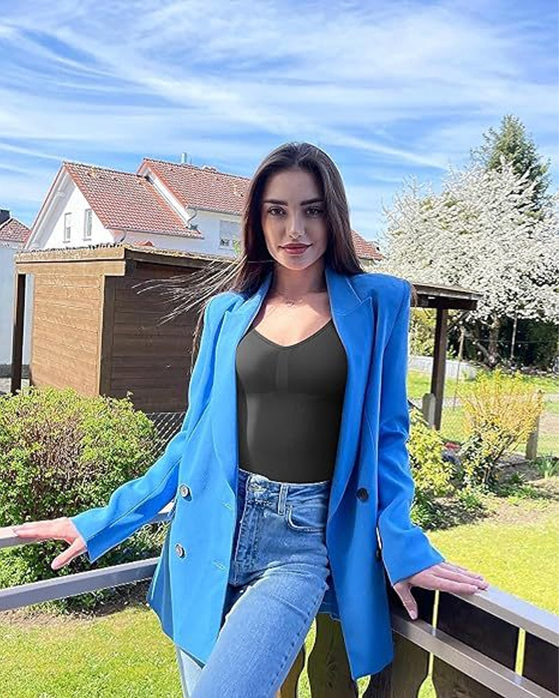 Nahtloser Langarm V-Ausschnitt Bodysuit