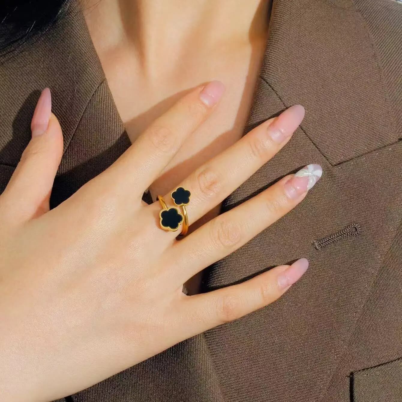 Dual Clover Adjustable Gold Ring