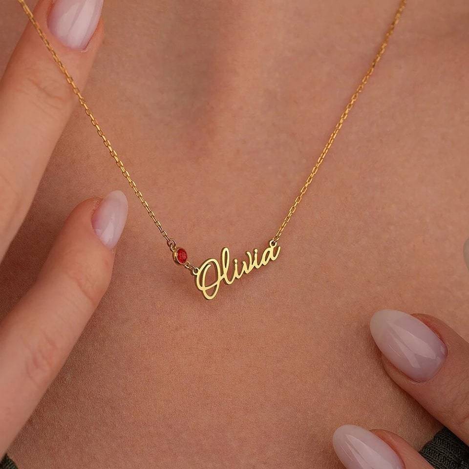 Personalisierte Olivia Geburtsstein Namenshalskette
