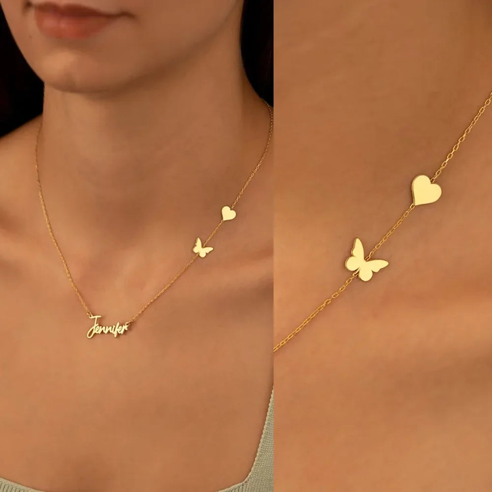 Personalisierte Glücks-Halskette mit Herz und Schmetterling