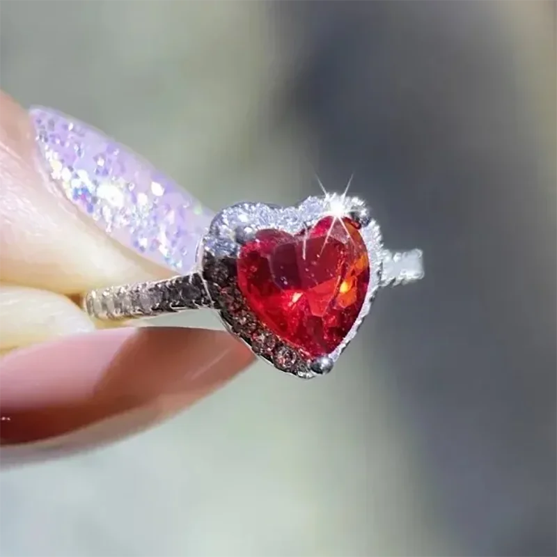 Herzförmiger roter Diamantschliff 925 Sterling Silber Versprechensring