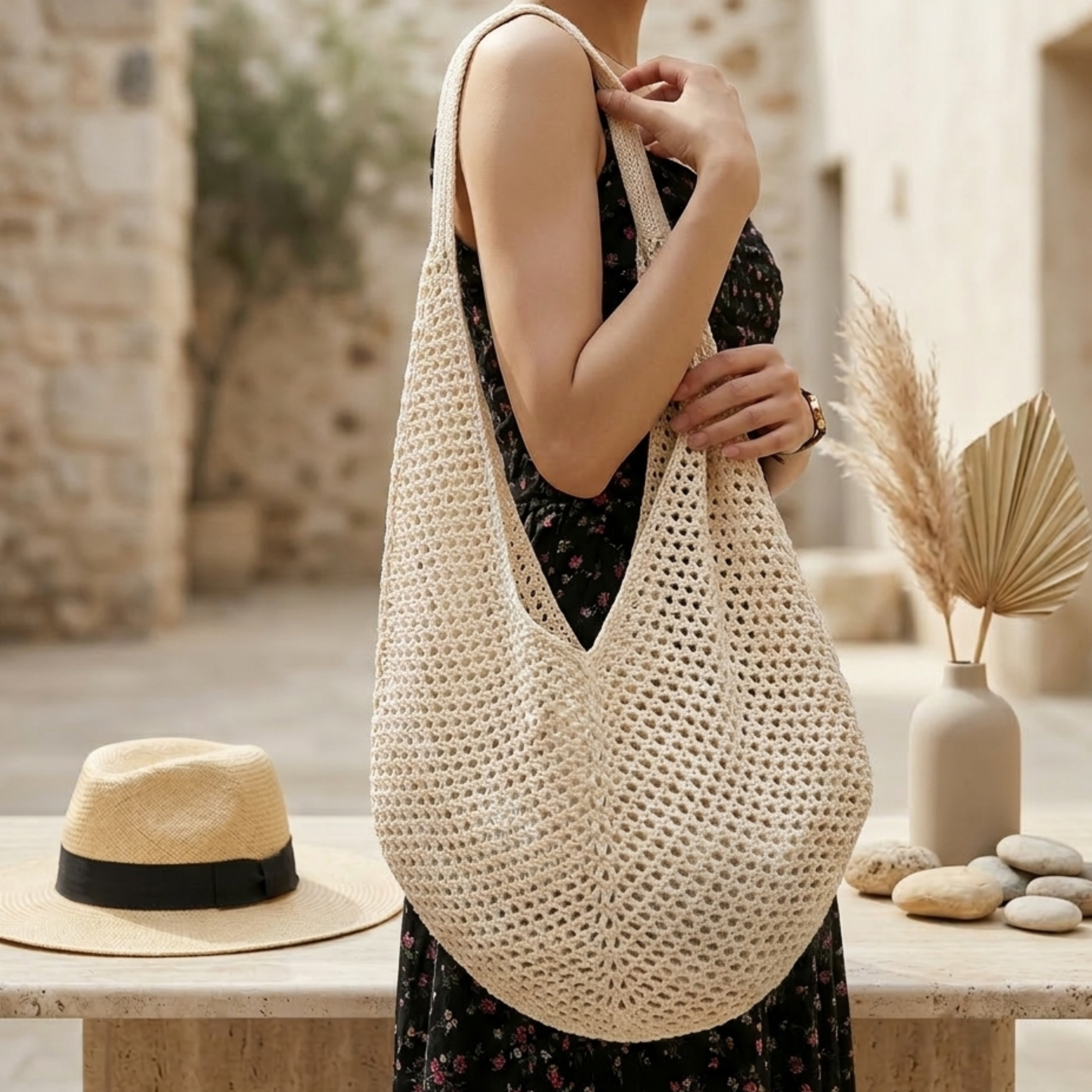 Bare Bloom Hollow-Out Knitted Tote Bag – Sustainable Bag
