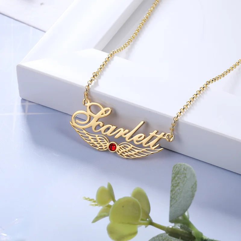 Angel Wings Custom Name Necklace with Birthstone