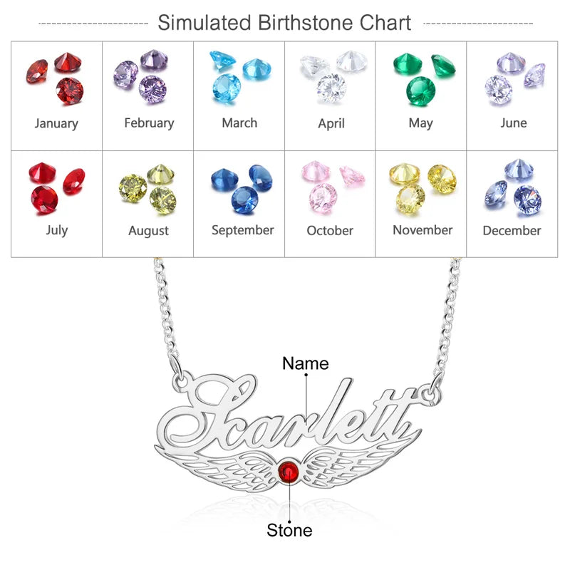 Angel Wings Custom Name Necklace with Birthstone