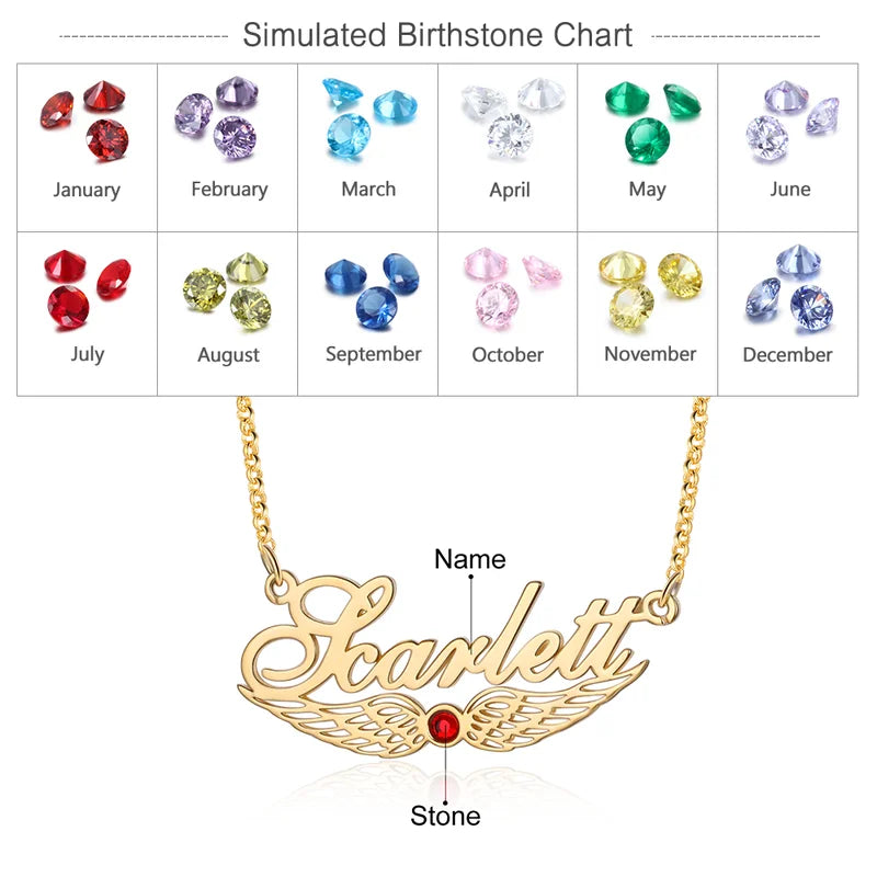 Angel Wings Custom Name Necklace with Birthstone