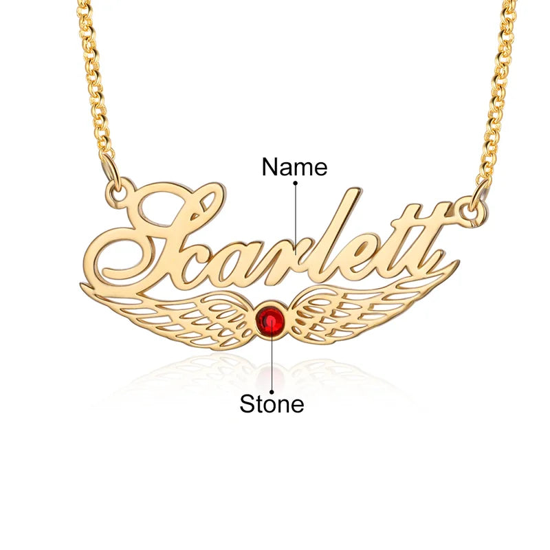 Angel Wings Custom Name Necklace with Birthstone