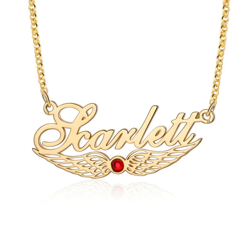 Angel Wings Custom Name Necklace with Birthstone