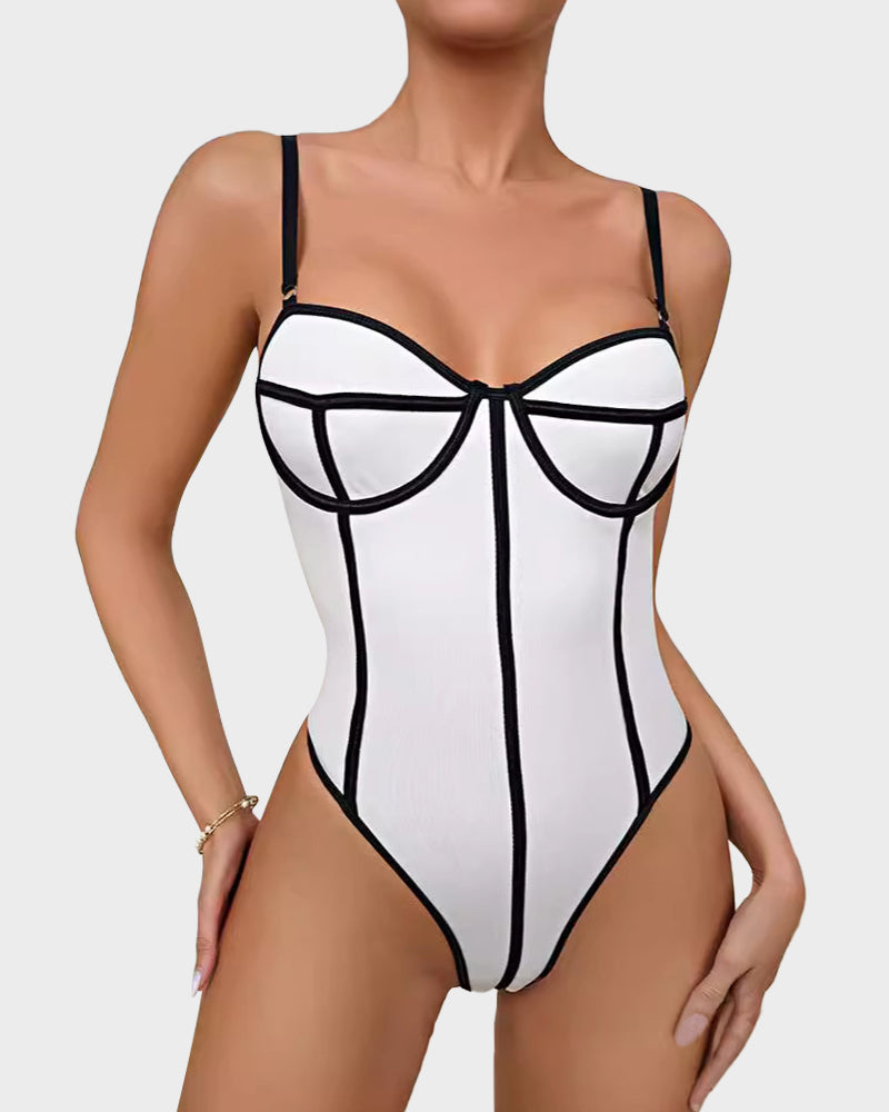 Chic Snatched Fit Kontrastbesatz Tiefer Rücken Bodysuit