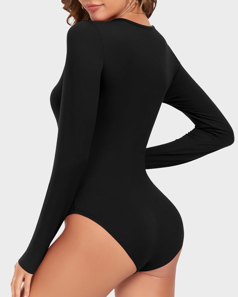 Nahtloser Langarm V-Ausschnitt Bodysuit