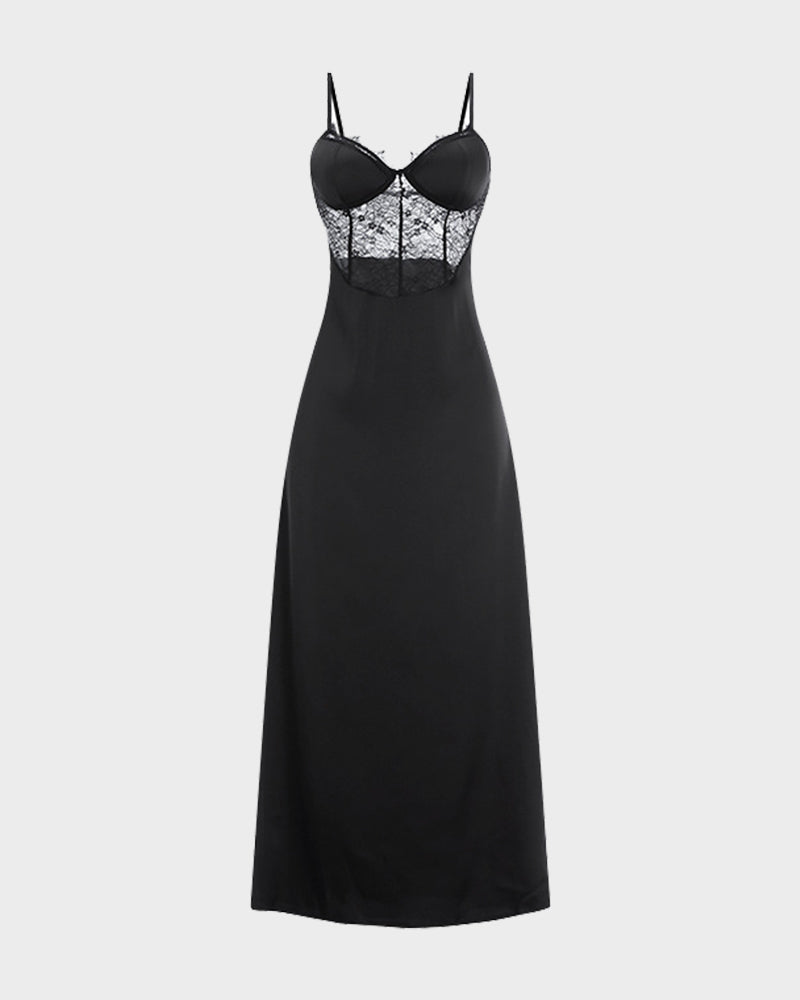 Elegant Sheer Lace Side Slit Cami Maxi Dress