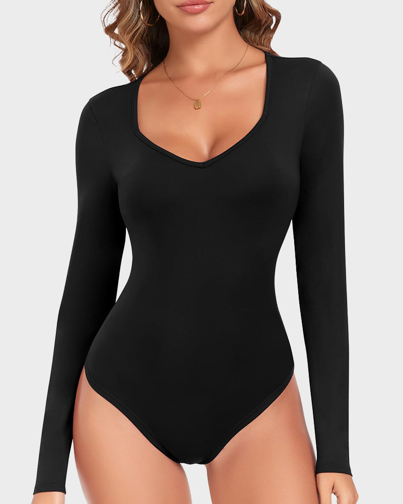 Nahtloser Langarm V-Ausschnitt Bodysuit