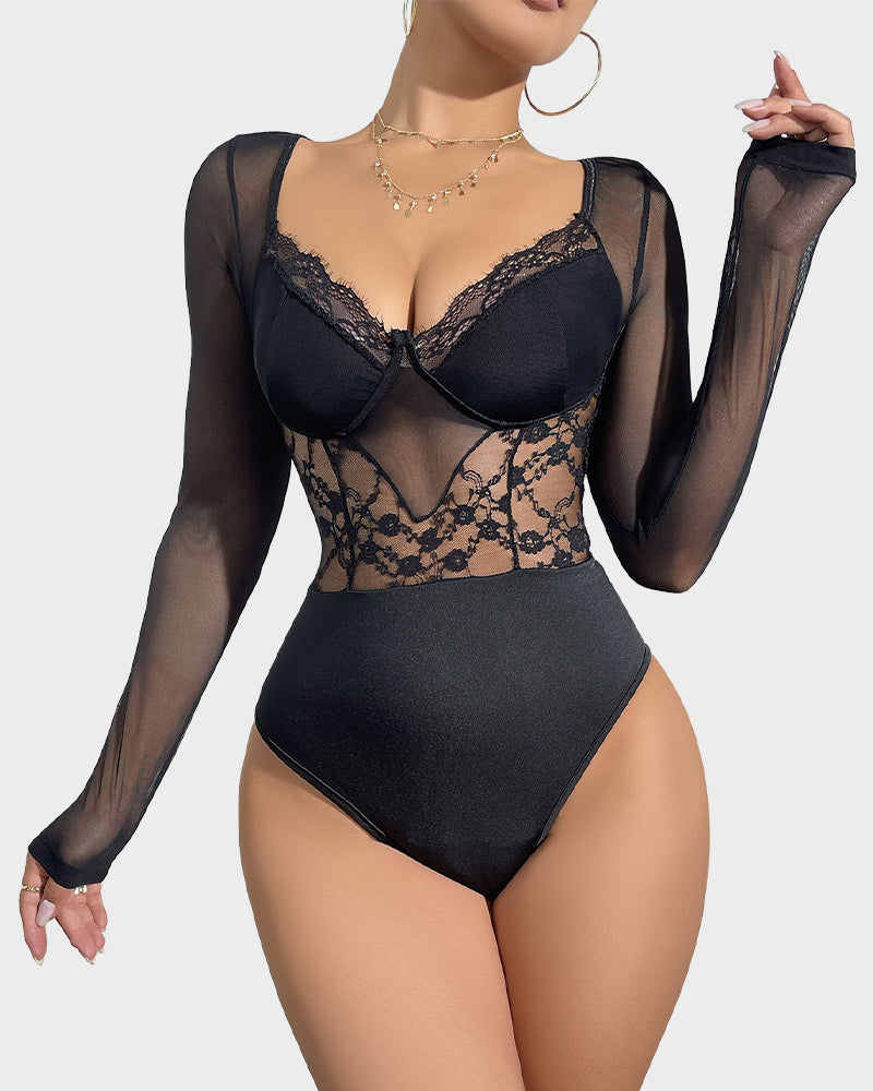 Elegant Sheer Lace Sculpting Bodysuit