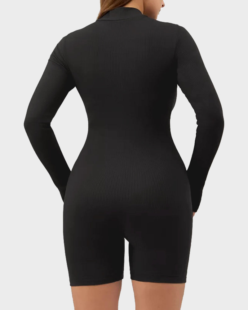 Rippstrick Langarm Halb-Reißverschluss Sculpting Bodysuit Shorts