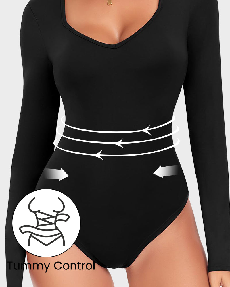Nahtloser Langarm V-Ausschnitt Bodysuit