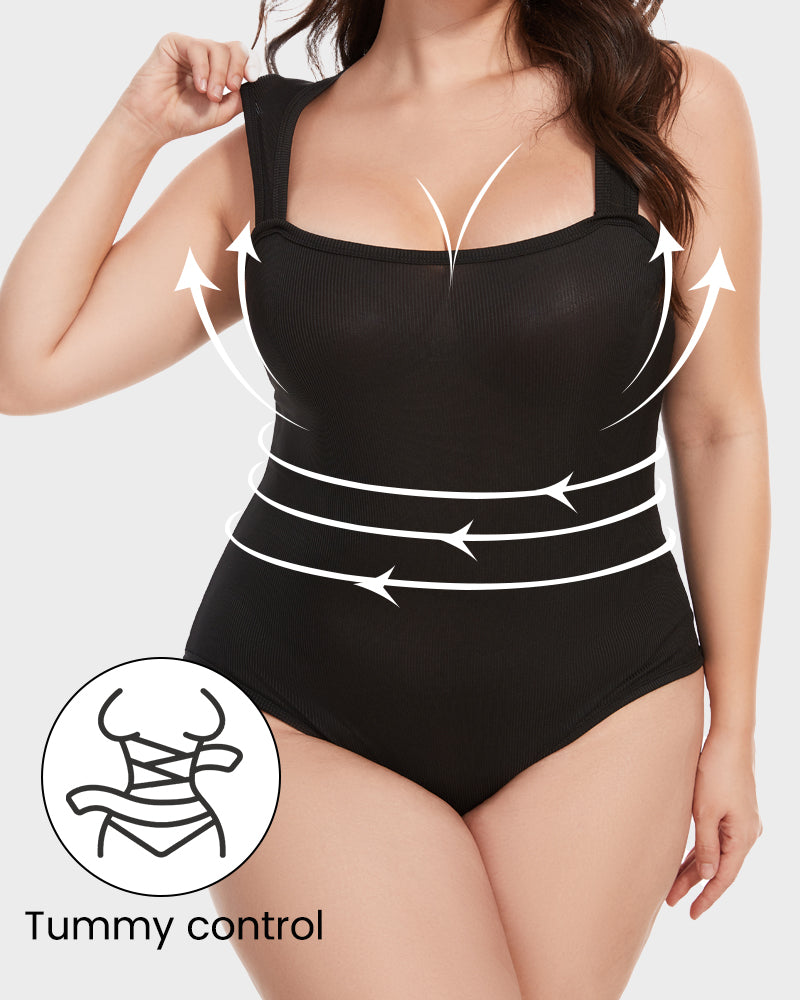 Schickes geripptes Quadrat-Ausschnitt-Bodysuit